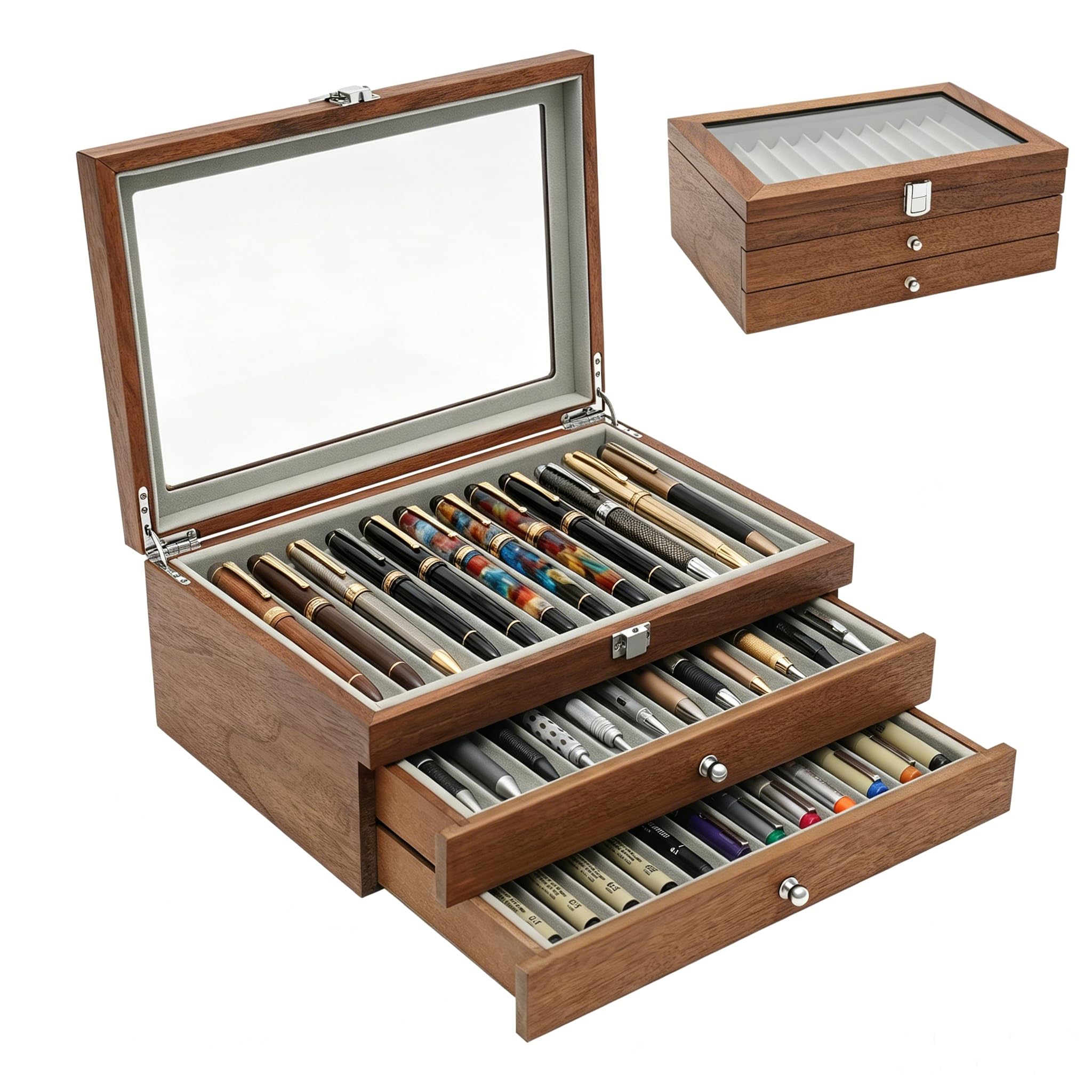 Lieroda Walnut Color 34 Slot Wooden Fountain Pen Display Box, 3-Tier Pen Collector Organiser With Drawer & Compartments, Desktop Pen Storage Box For Home Or Shop Display