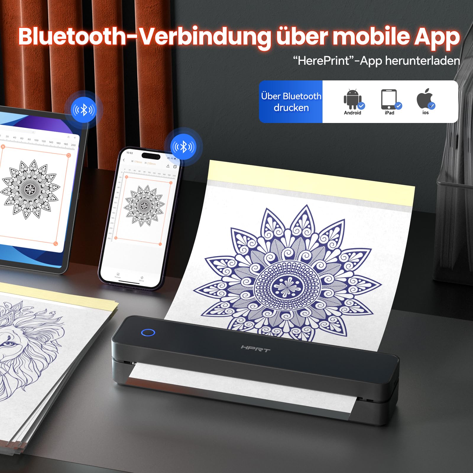 HPRT Tragbarer Bluetooth-Thermo-Tattoo-Aufkleber – Kabelloser Tattoo-Schablonendrucker mit 10 Blatt Druckpapier, DIY-Temporär-Tattoos für Tätowierer und Anfänger, wiederaufladbar über USB