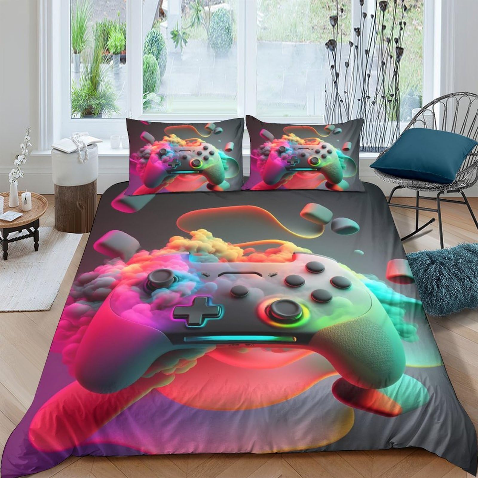 Ctjqhvkz Style-3 3D Printed Neon Gamepad Fitted Sheet Microfiber Soft Colorful Controller Bed Cover For Bedroom Dorm Young Adults Single（135X200cm）
