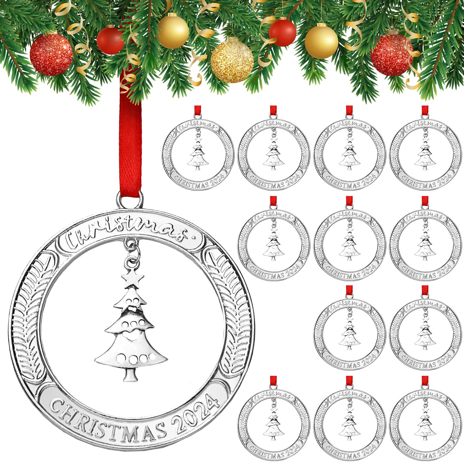 Jinei 12 Pcs Christmas Wreath Ornament Bulk with Rotatable Tree Metal for Xmas Tree Decorative Holiday Keepsake Gift