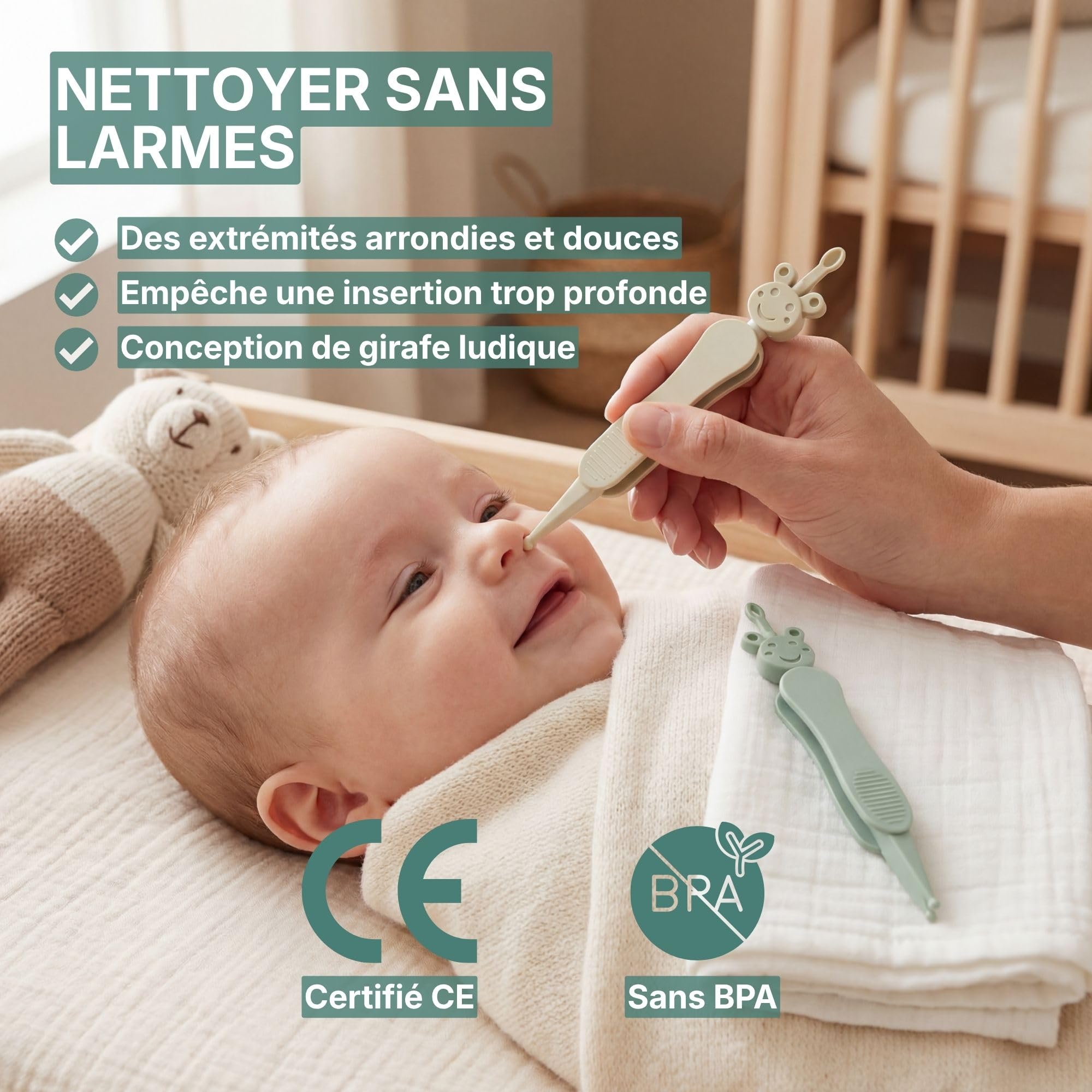 Nettoyeur de nez et d'oreilles pour bébé avec pince incluse - Alternative 3-en-1 au mouche-bébé et à la poire nasale - Sans BPA - Vert/Beige