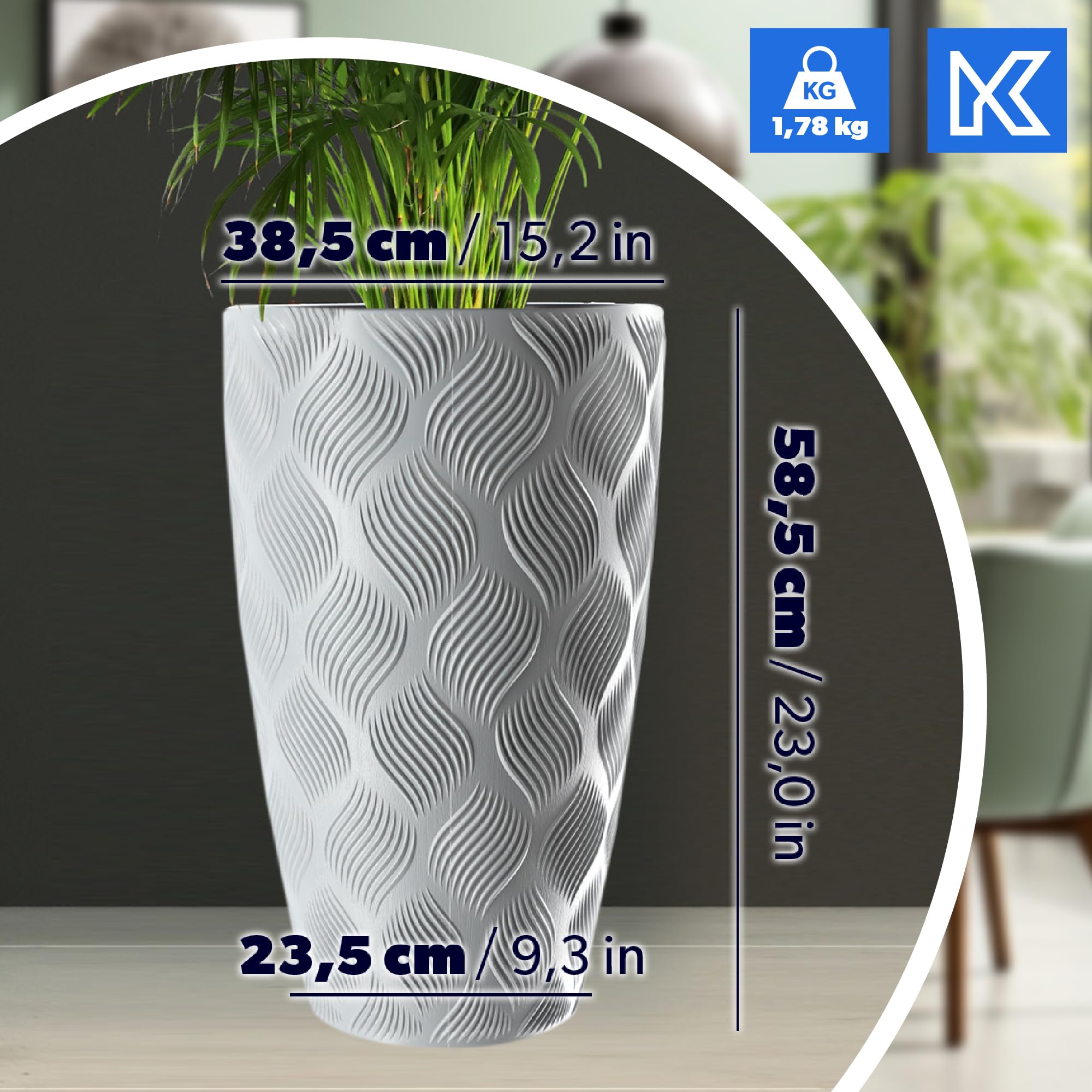 KADAX Vaso da fiori con inserto e manici, vaso in plastica in 5 misure, resistente ai raggi UV, resistente alle intemperie, vaso alto, vaso con effetto 3D (grigio, altezza: 58,5 cm)