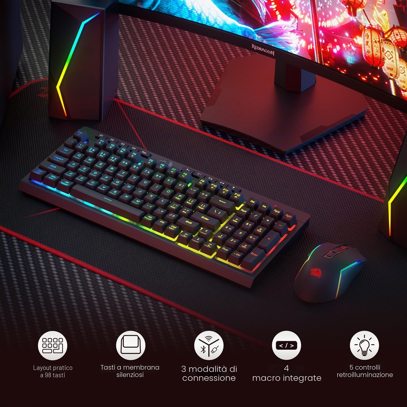 Redragon BS142 - Tastiera e mouse da gioco senza fili, tastiera K515 PRO RGB e mouse da gioco M693 Pro, 98 tasti, US LAYOUT