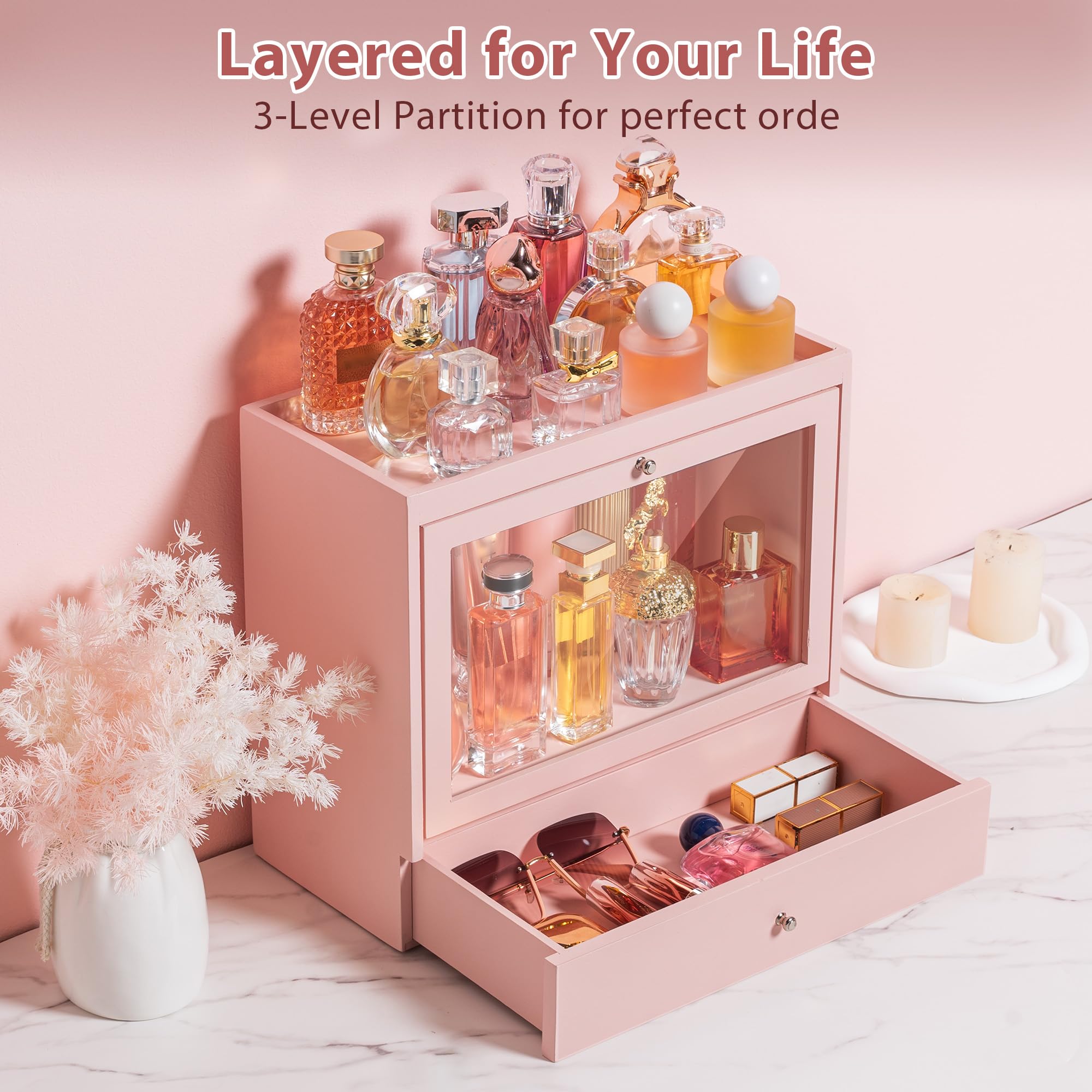 Soporte de colonia, organizador de perfume de madera maciza para hombre, organizador de perfume a prueba de polvo de gran capacidad con cajón de almacenamiento de perfumes, joyas y cosméticos