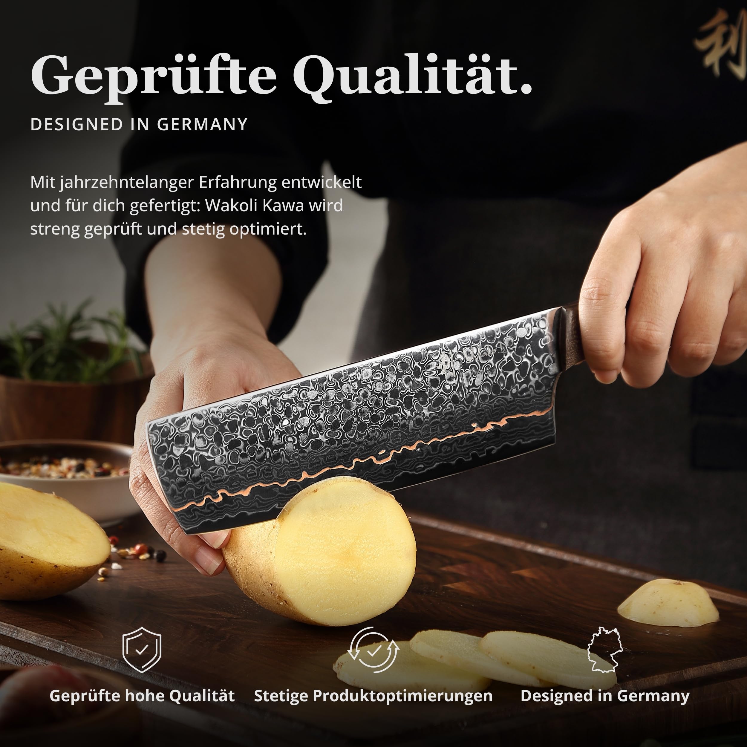 Wakoli Kawa Nakirimesser 18 cm mit Kupfereinlage und Ahornwurzelholzgriff