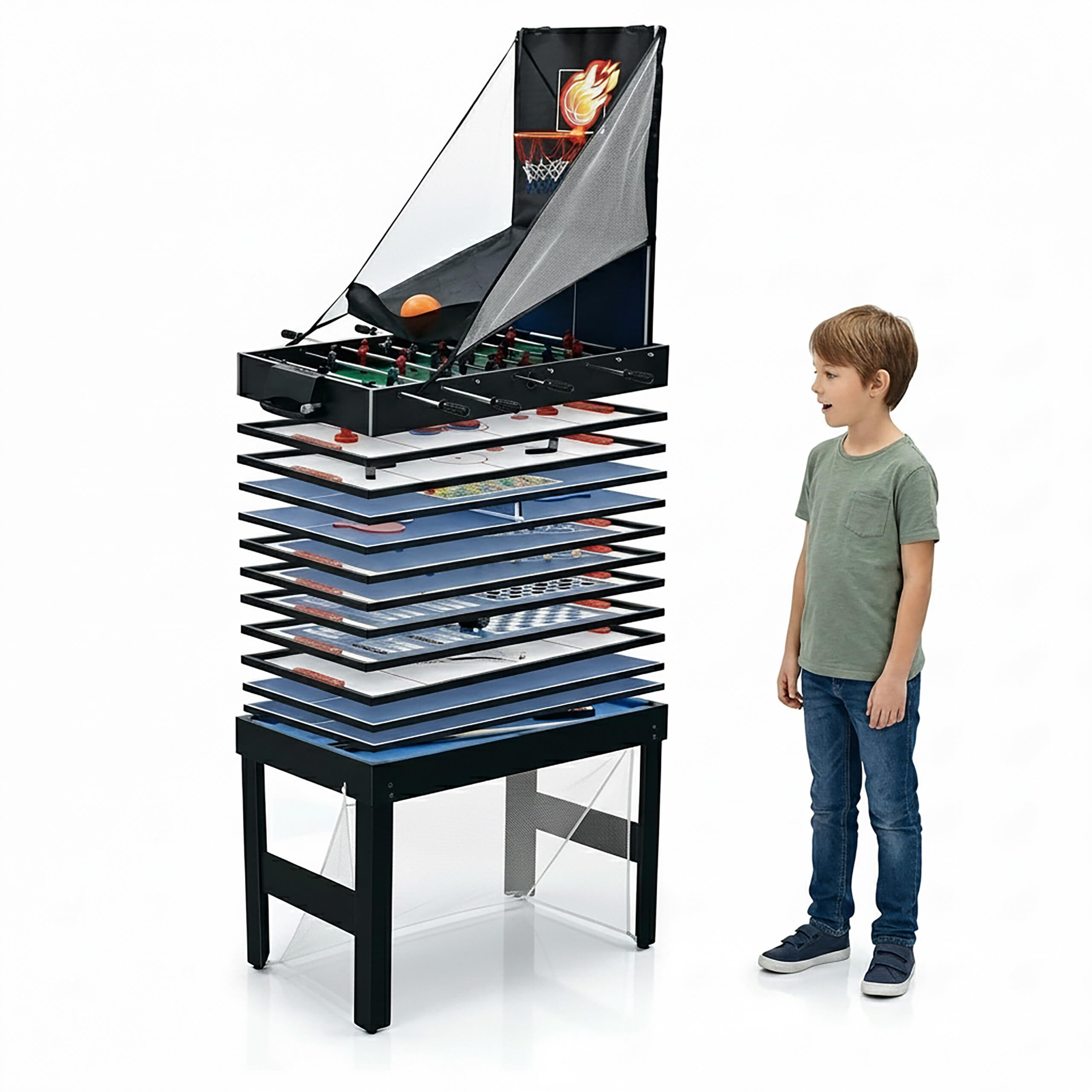 Relaxdays Table de Jeu 20 en 1: Baby-Foot, Billard, air Hockey, Noire | ping-pong, basket, poker, bowling et plus