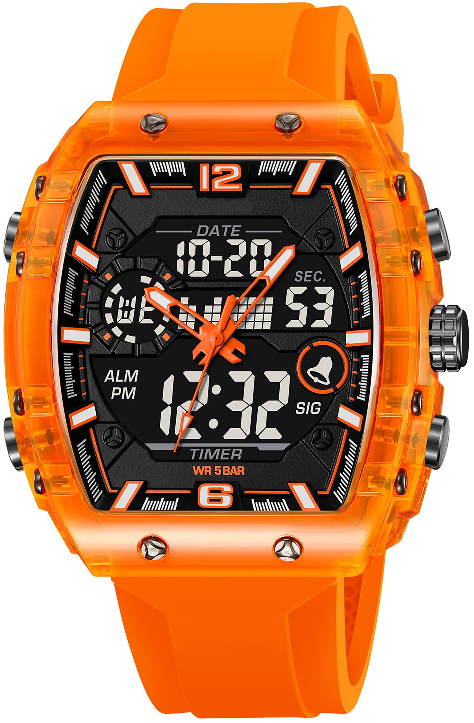 findtime Tonneau - Reloj de pulsera para hombre, rectangular, elegante, único, con alarma, cronómetro, fecha, calendario, analógico, reloj digital, multicolor, para niños y adolescentes