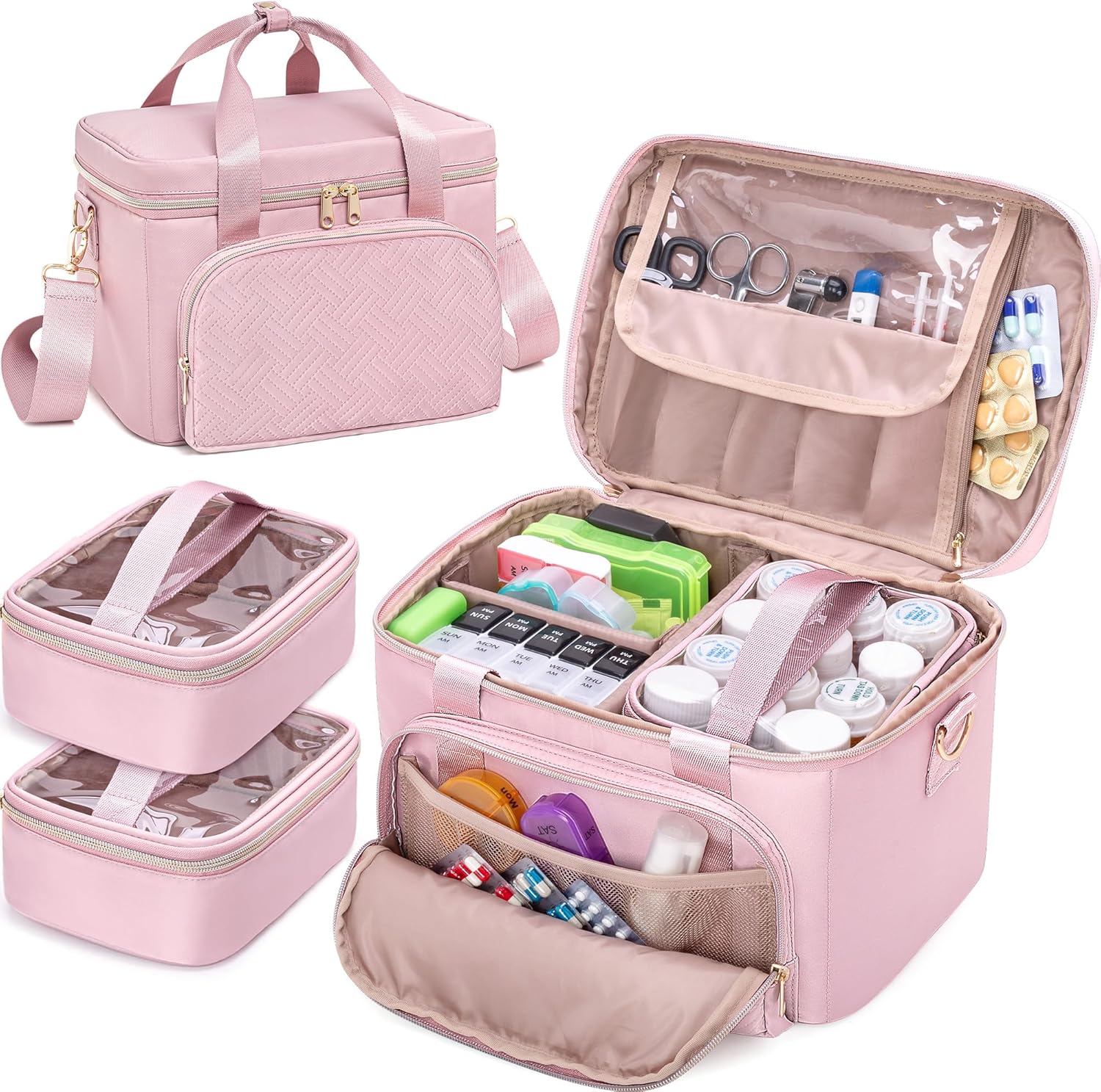 Medicine Storage Bag with 2 Medical Bags, Pill Bottle Organizer Bag Empty First Aid Bag for Travel, Home Healthcare, Pink(Empty Bag Only)