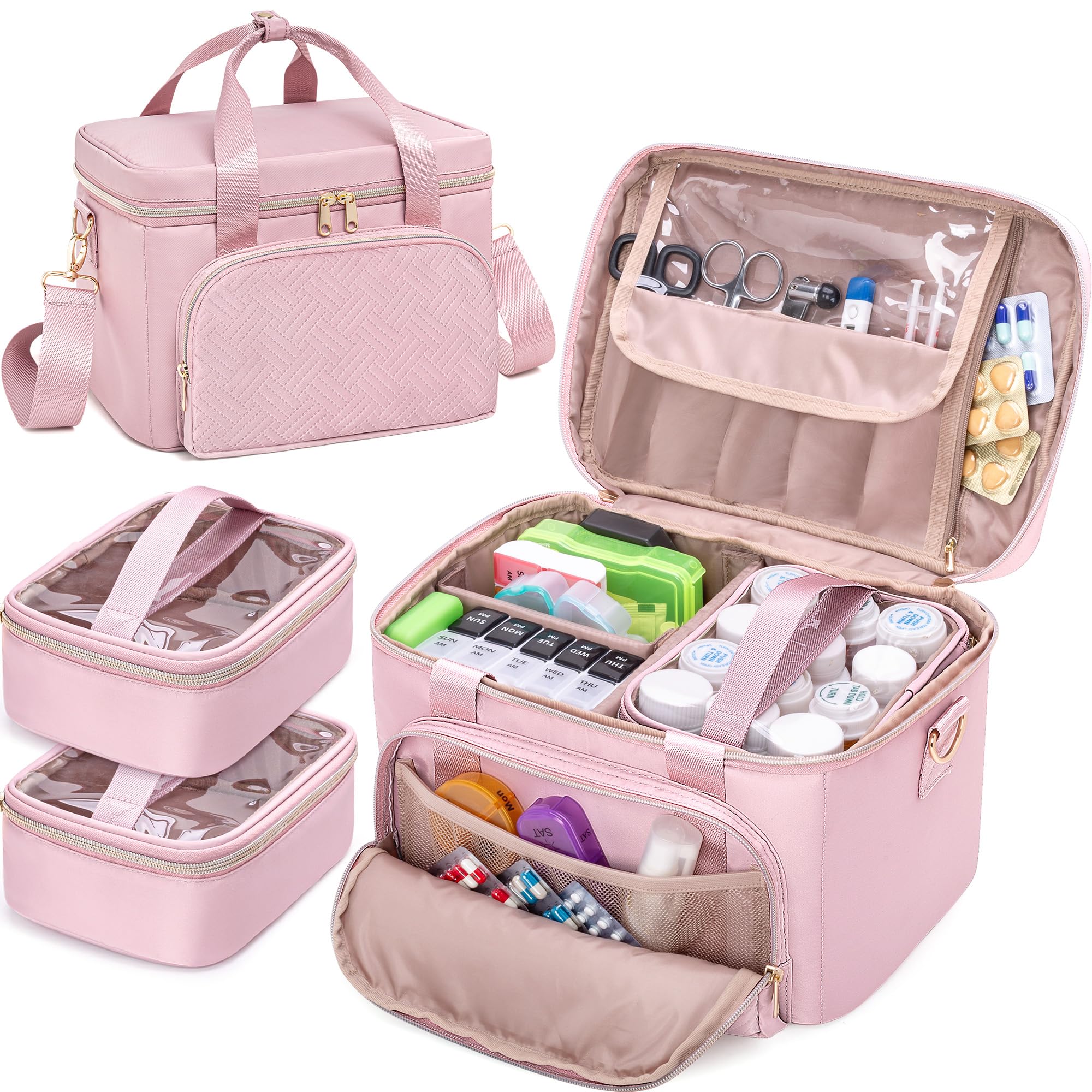 Prokva Medical Bag with 2 Medicine Storage Bags, First Aid Bag Empty, Pill Bottle Organizer Bag for Travel, Home Healthcare, Pink (Bag Only)