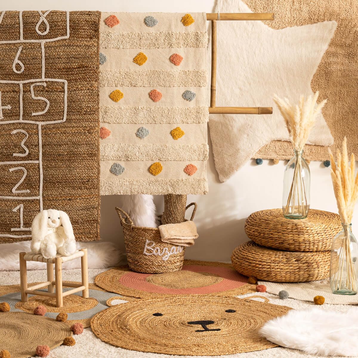 Atmosphera - Alfombra Infantil - algodón y Pompones - Beige - D90 cm