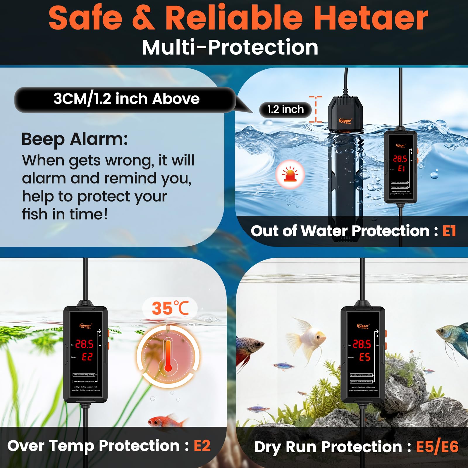 hygger Chauffage d'aquarium 300W-1000W, Chauffage Aquarium,2 Modes de Travail avec numérique Externe LED contrôleur, température réglable 15-34 ℃ pour 150-908L (800W (302-757L))