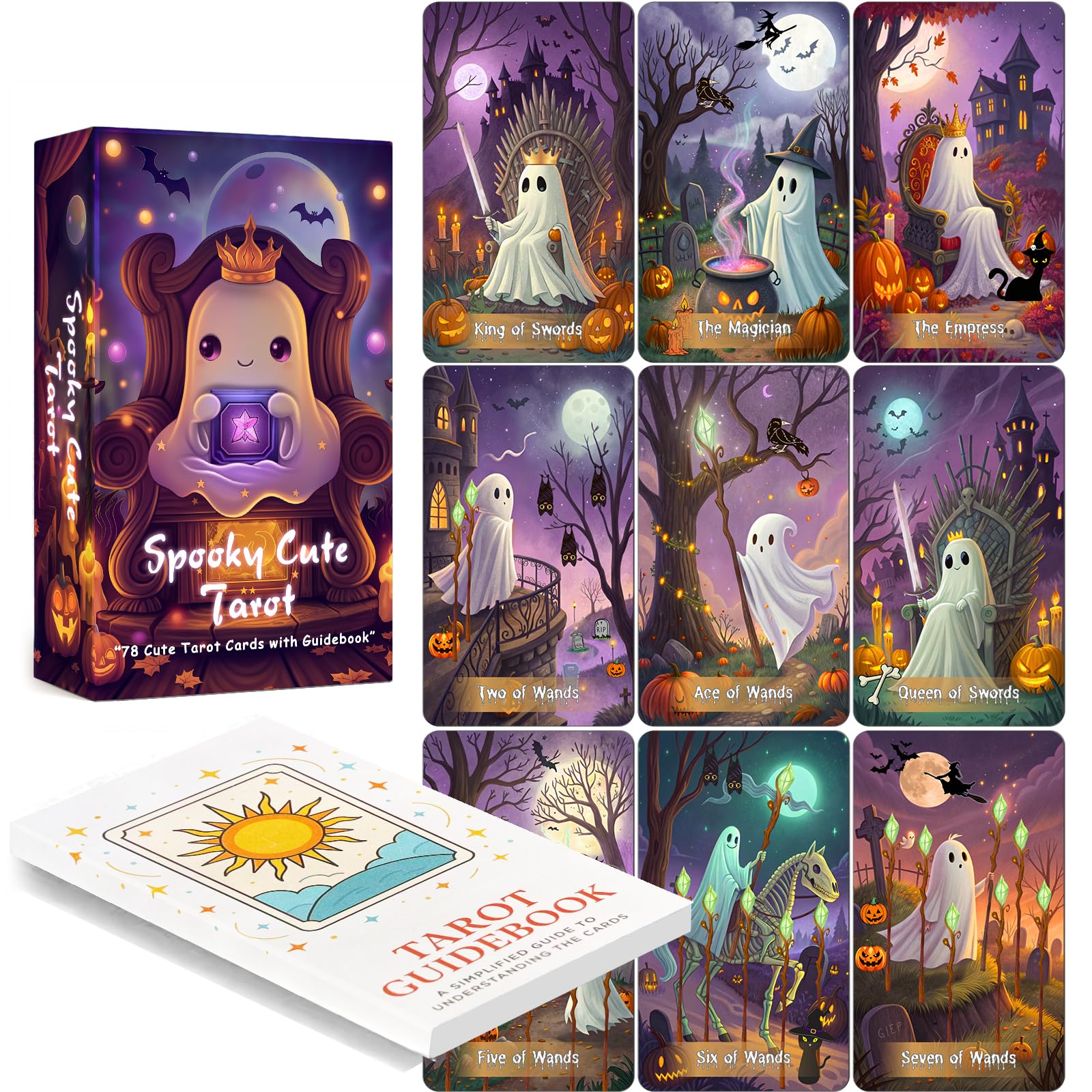 LINGYILY Spooky Cute Tarot Deck, 78 Tarot Cards for Beginners with Guidebook Witchy Oracle Cards, Premium 400GSM Glossy Finish, Easy Shuffle Divination Gift