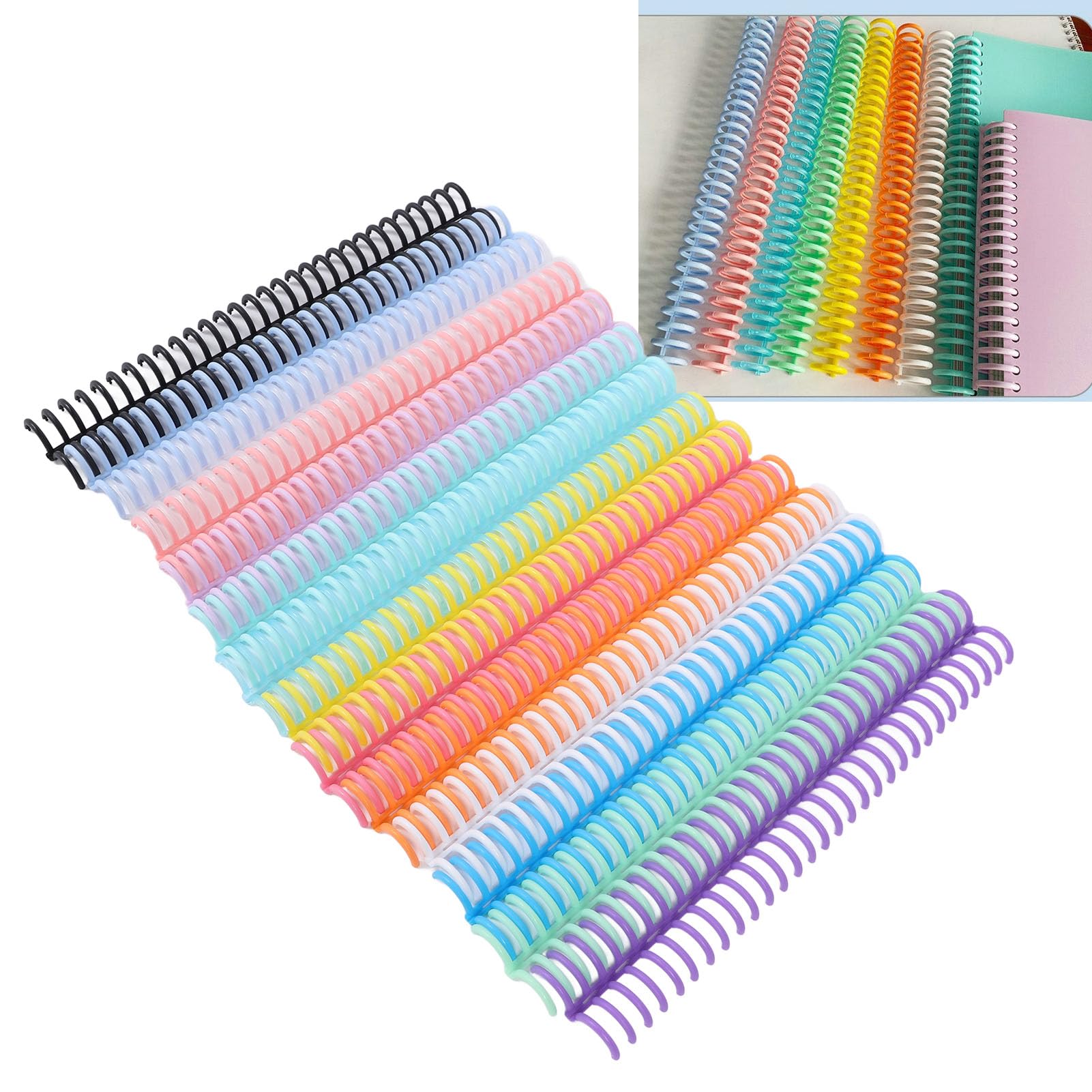 Peignes de reliure en plastique PP 19 mm x 30 mm, lot de 14, 14 couleurs, capacité 150 feuilles pour papier A4 et B5, avec calendrier de bureau pour ordinateur portable