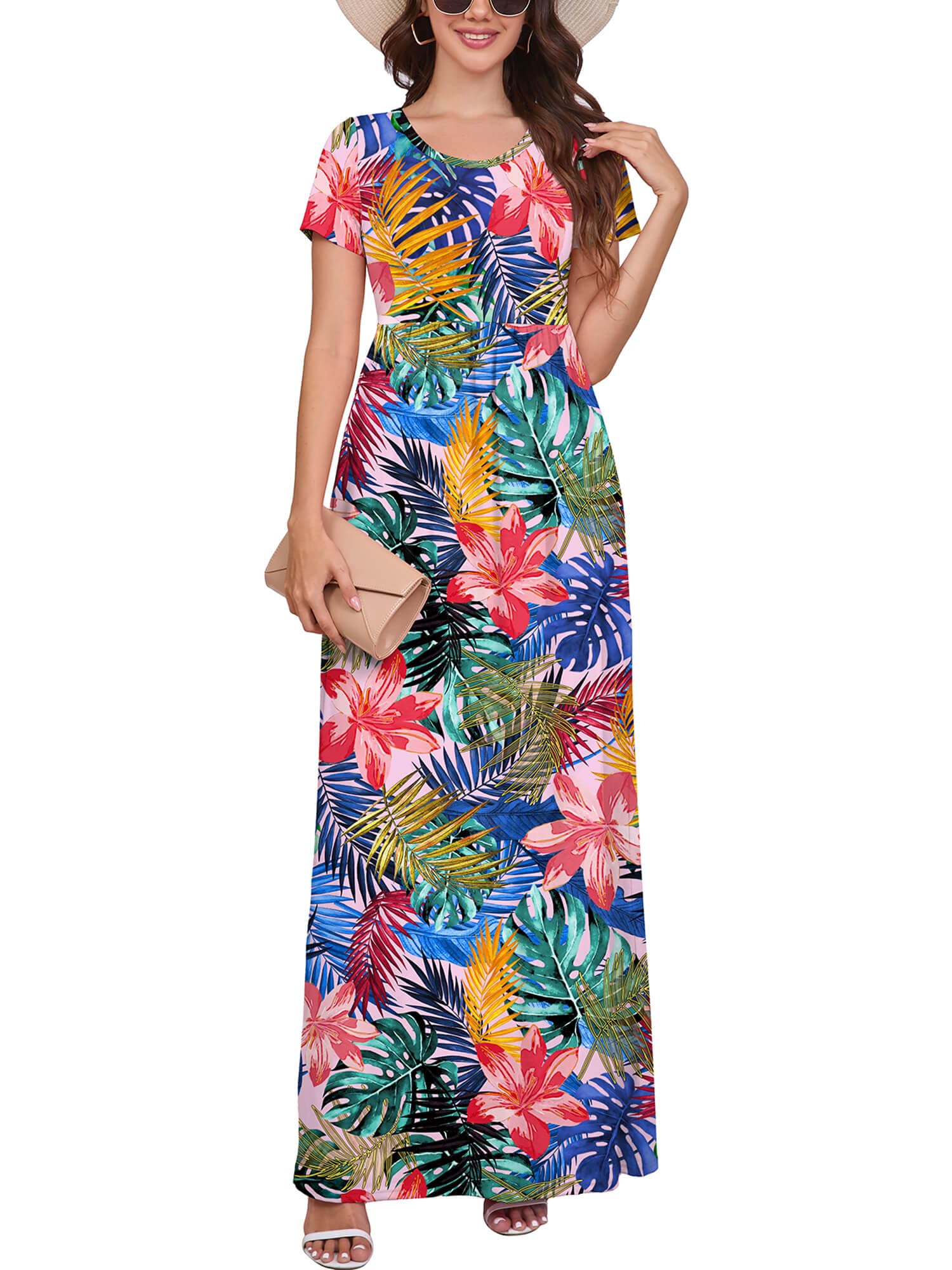 DEARCASE Maxi Dress for Women Short Sleeve Casual Summer Loose Plain Comfy Long Dresses with Pockets