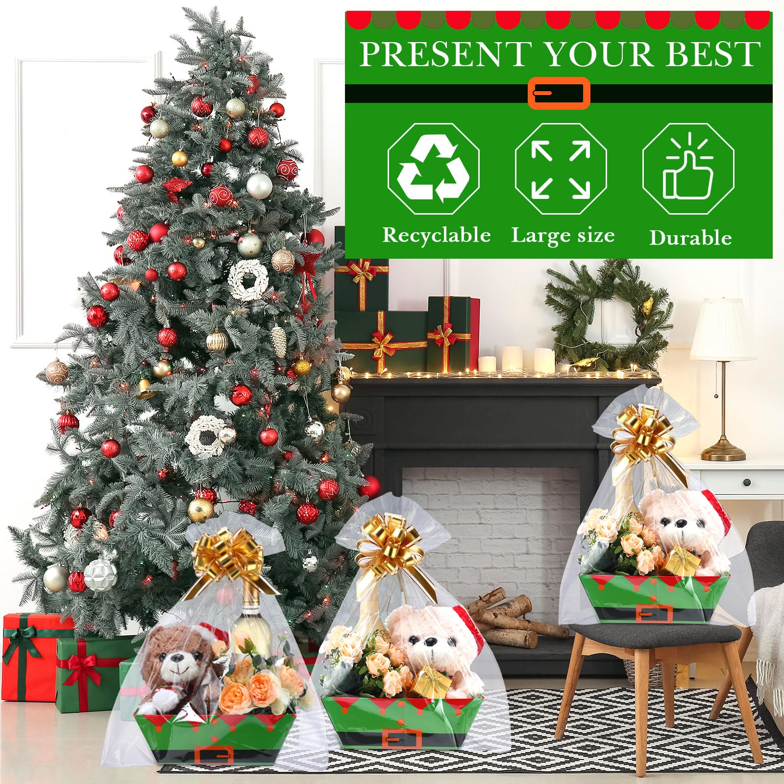 Tioncy Confezione da 44 cesti natalizi vuoti per regali, tra cui 12 cesti regalo vuoti in cartone, 12 sacchetti regalo trasparenti, 20 fiocchi dorati per bellissimi regali, Natale, Pasqua (elfo)