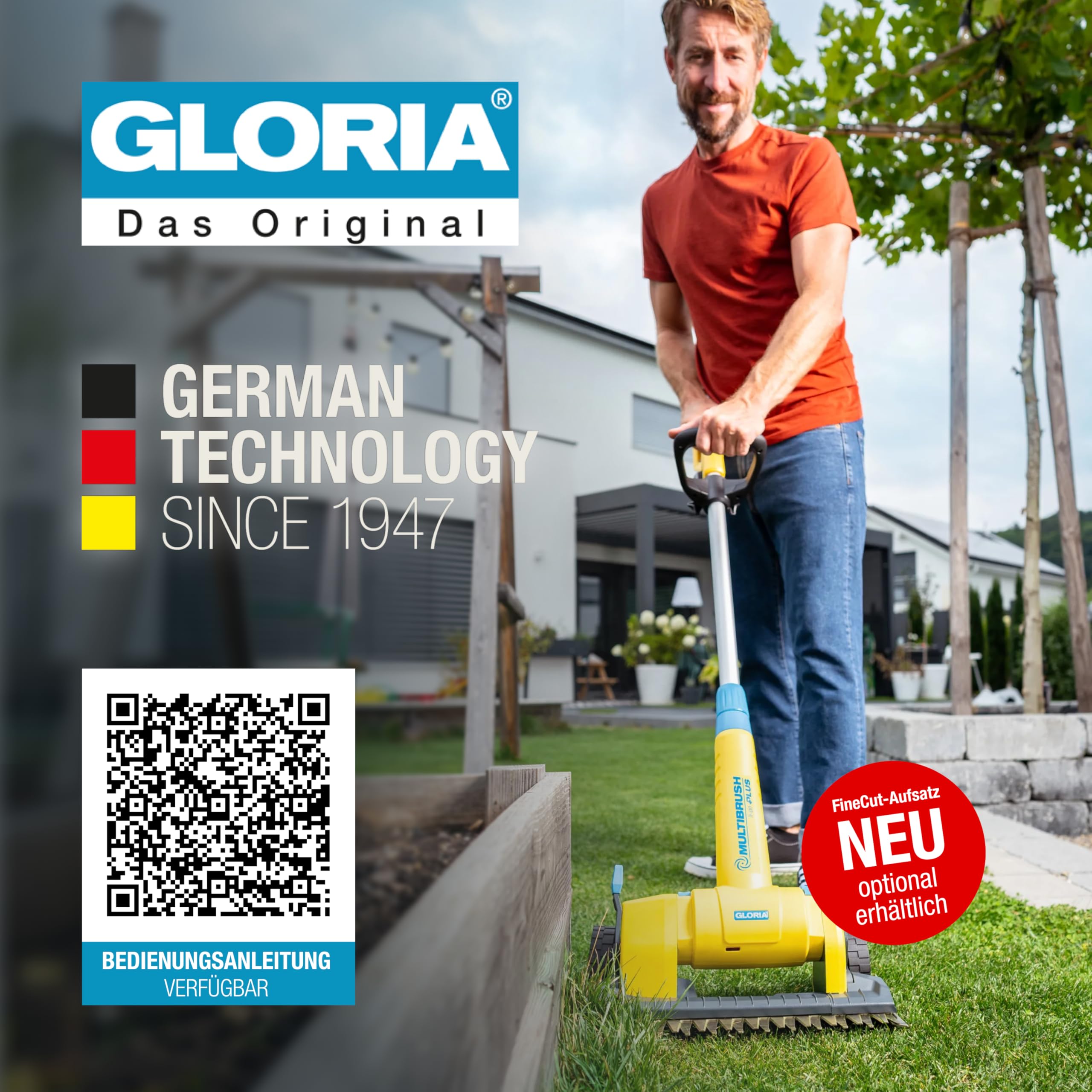 GLORIA MultiBrush li-on PLUS I Akku Reinigungsbürste für Stein, Fugen, Holz, Kanten & Rasen | Für Terrasse, Wege & Garten | Inkl. Stein- & Fugenbürste | Kompatibel mit BOSCH 18V Akku (nicht enthalten)