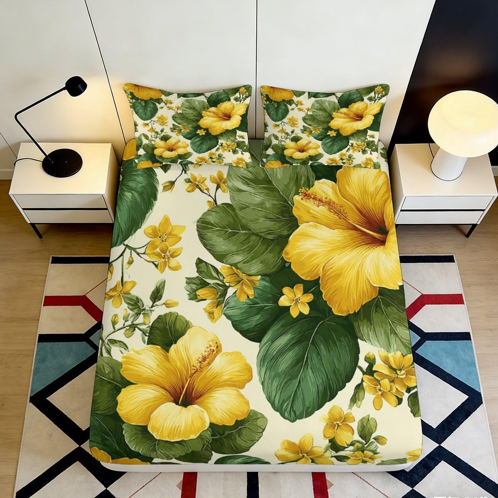 3D Printed Yellow Hibiscus Fitted Sheet Microfiber Floral Tropical Mattress Cover for Bedroom Guest Room Decor Easy Care 90x200x25cm
