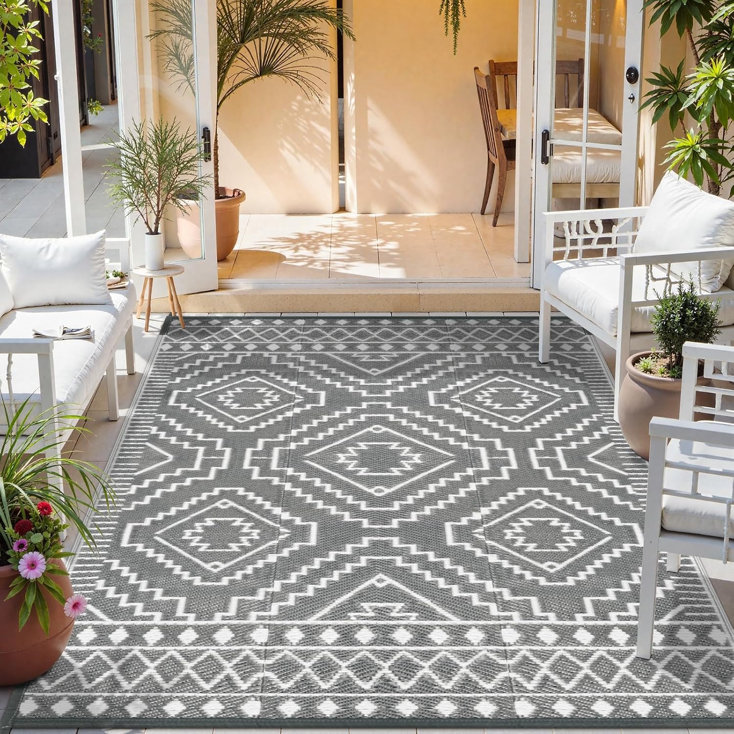 Wonnitar Outdoor Rug 6x9, Waterproof Patios Rug Reversible Plastic Straw Rug, Large Outside Area Rug, Portable Camper RV Mat, Indoor Outdoor Carpet for Picnic Balcony Backyard Porch Deck, Grey