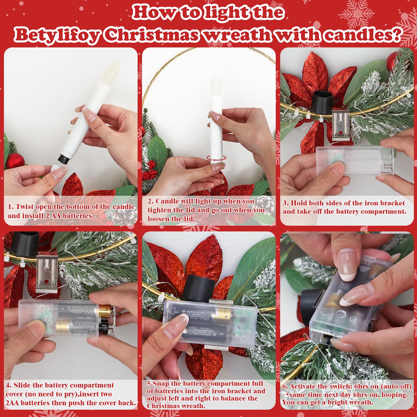 Betylifoy Weihnachtskranz für Haustür, 40,6 cm, roter Weihnachtskranz mit LED-Kerzenlichtern, Weihnachtskränze für Haustür, Fenster, Kamin, Weihnachtsdekoration, Rot, 2 Stück
