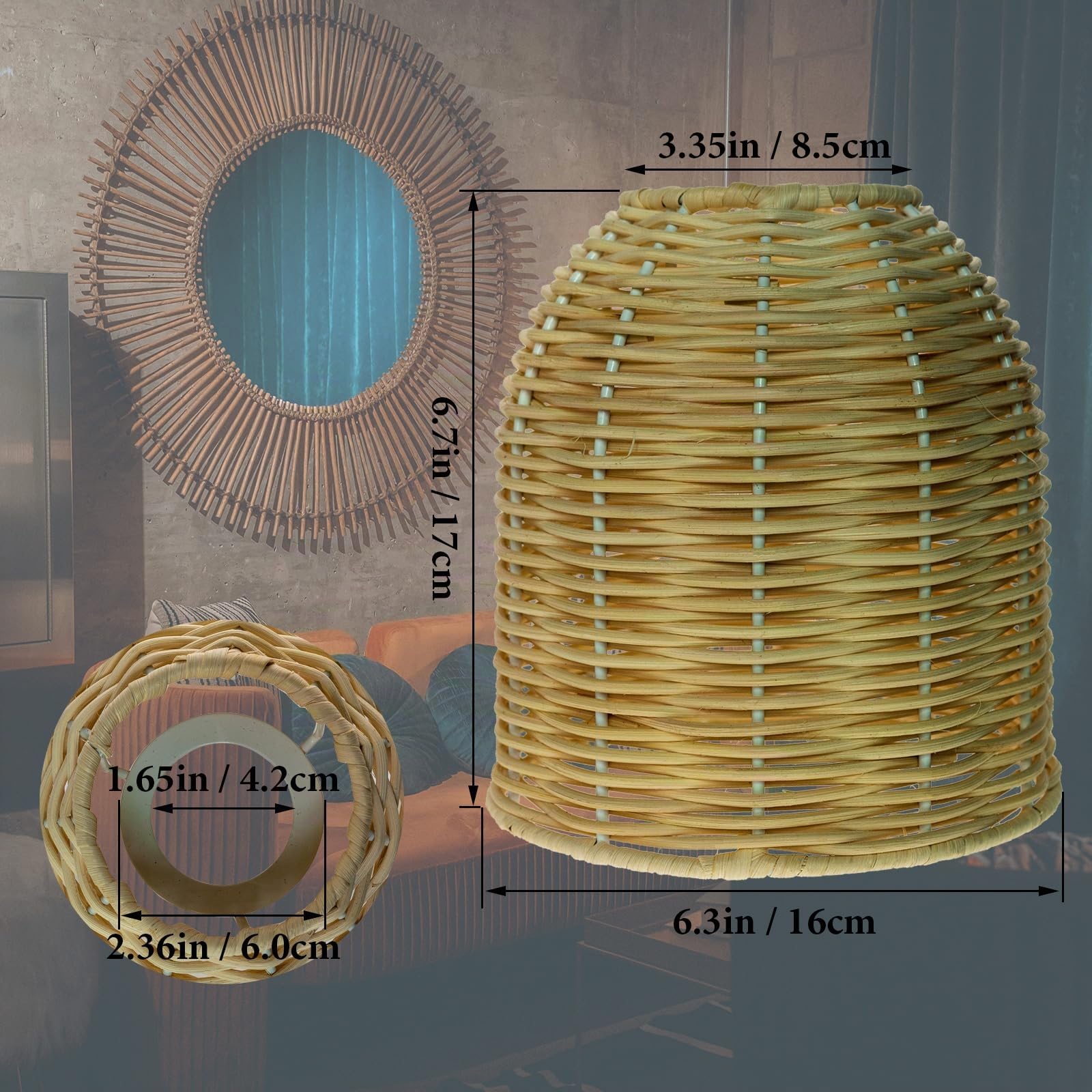 Paralume in rattan vintage, set di 3, per lampada da tavolo, soggiorno, camera da letto, sala da pranzo, cucina, bagno, esterno