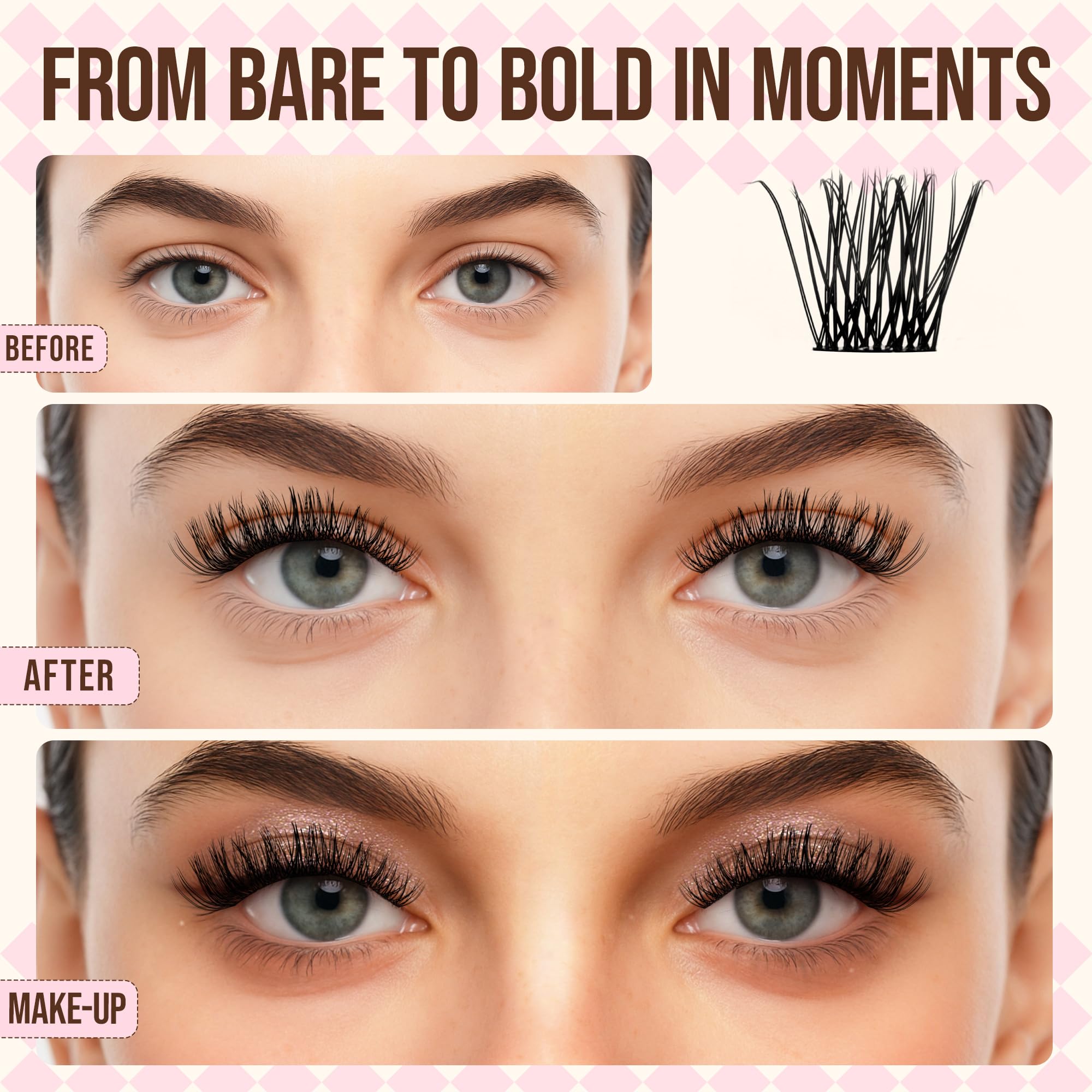LASHVIEW Cluster Lashes 144Pcs D Curl Lash Clusters Natural Fluffy and Wispy Lashes Individual Cluster Super Thin Band Individual Eyelashes Soft and Comfortable for All Day (W04) - Image 2