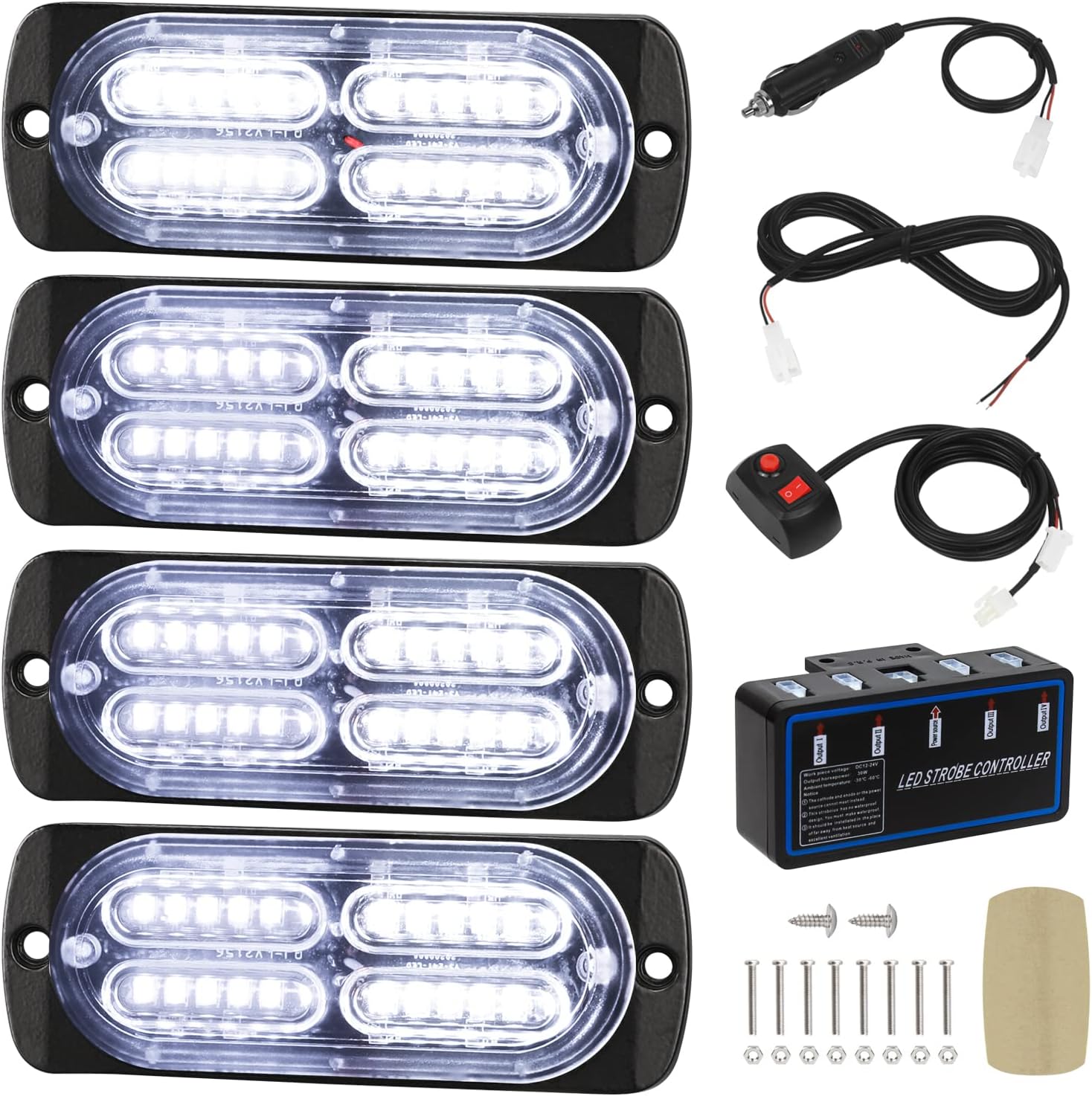 LINKITOM 4pcs Ultra Slim Sync Feature 24-LED Car Truck Surface Mount Emergency Hazard Warning Strobe light (White)