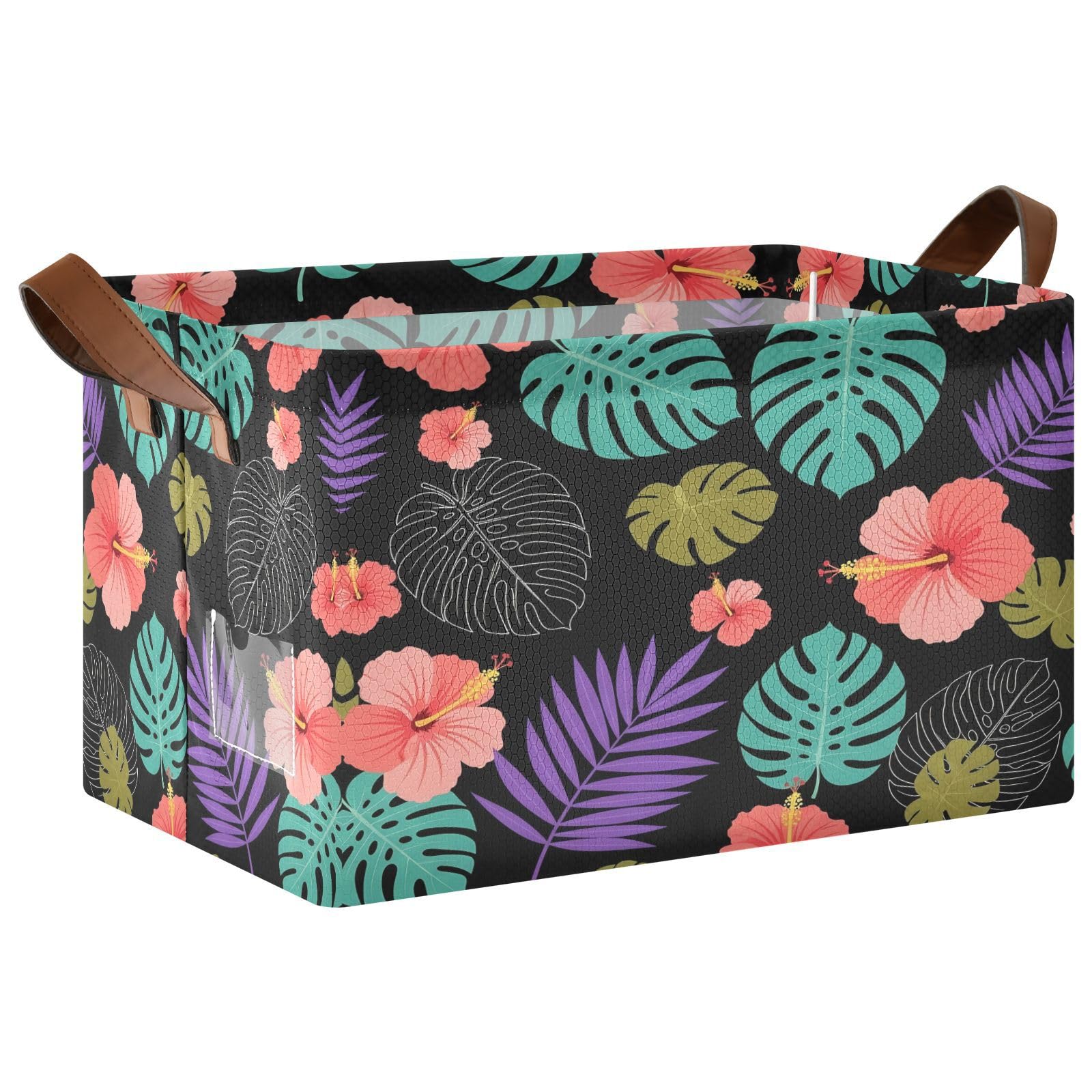 Cgiub Neon Tropical Leaves Storage Basket Waterproof Foldable Storage Bin Baby Laundry Basket Closet Organiser for Nursery Decor Home Organizing