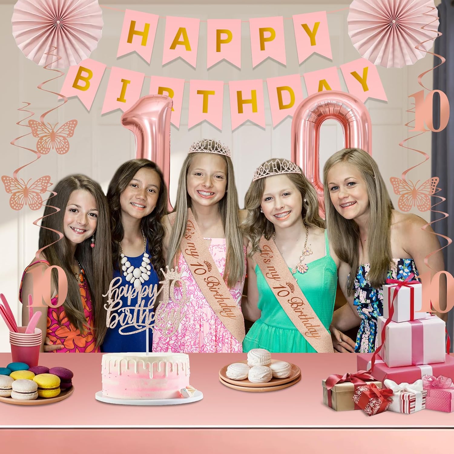 10th Birthday Decorations for Girls,32PCS 10th Birthday Party Decorations,Including Backdrop, Crown, Sash, banner, Hanging Swirl,Cake Topper,balloons, Anniversary Card and Paper Fans