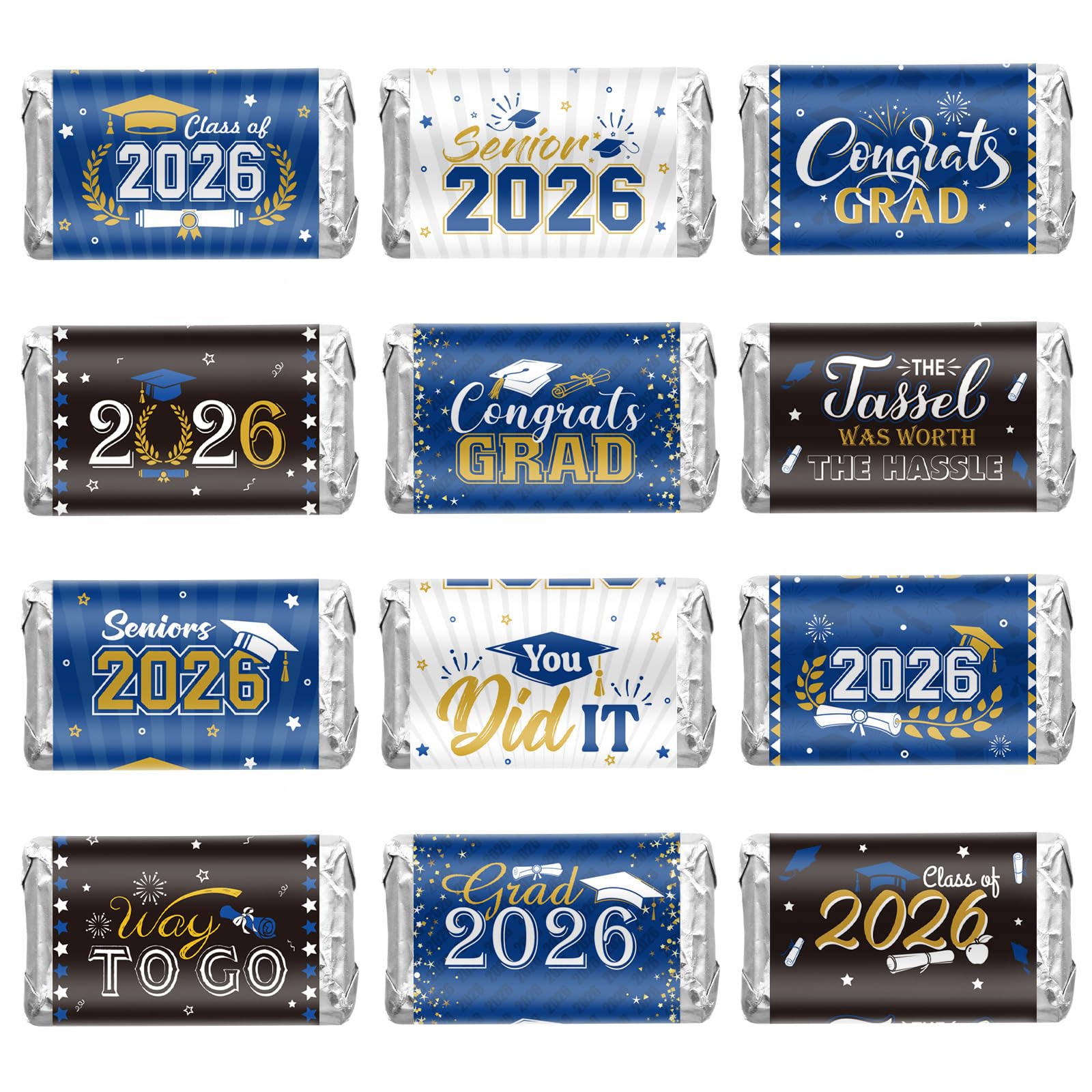 Outus 180 PCS Graduation 2026 Decoration Label Sticker - Blue Mini Candy Bar Wrapper Congrats Grad Class of 2026 Party Supplies for High School