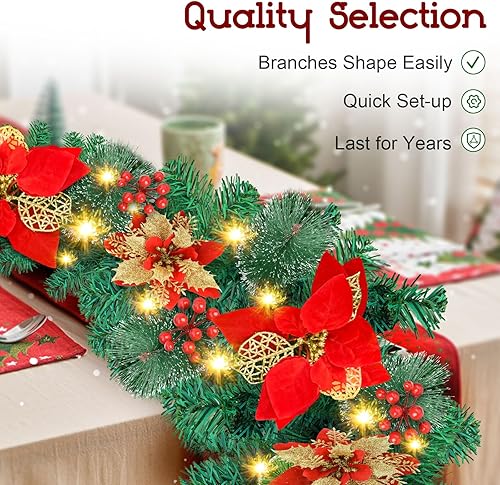 Miniatura 2 de Guirnalda de Navidad, guirnalda de Navidad con luces, decoración de Navidad, flores artificiales de ratán de 9 pies, decoración de Navidad para