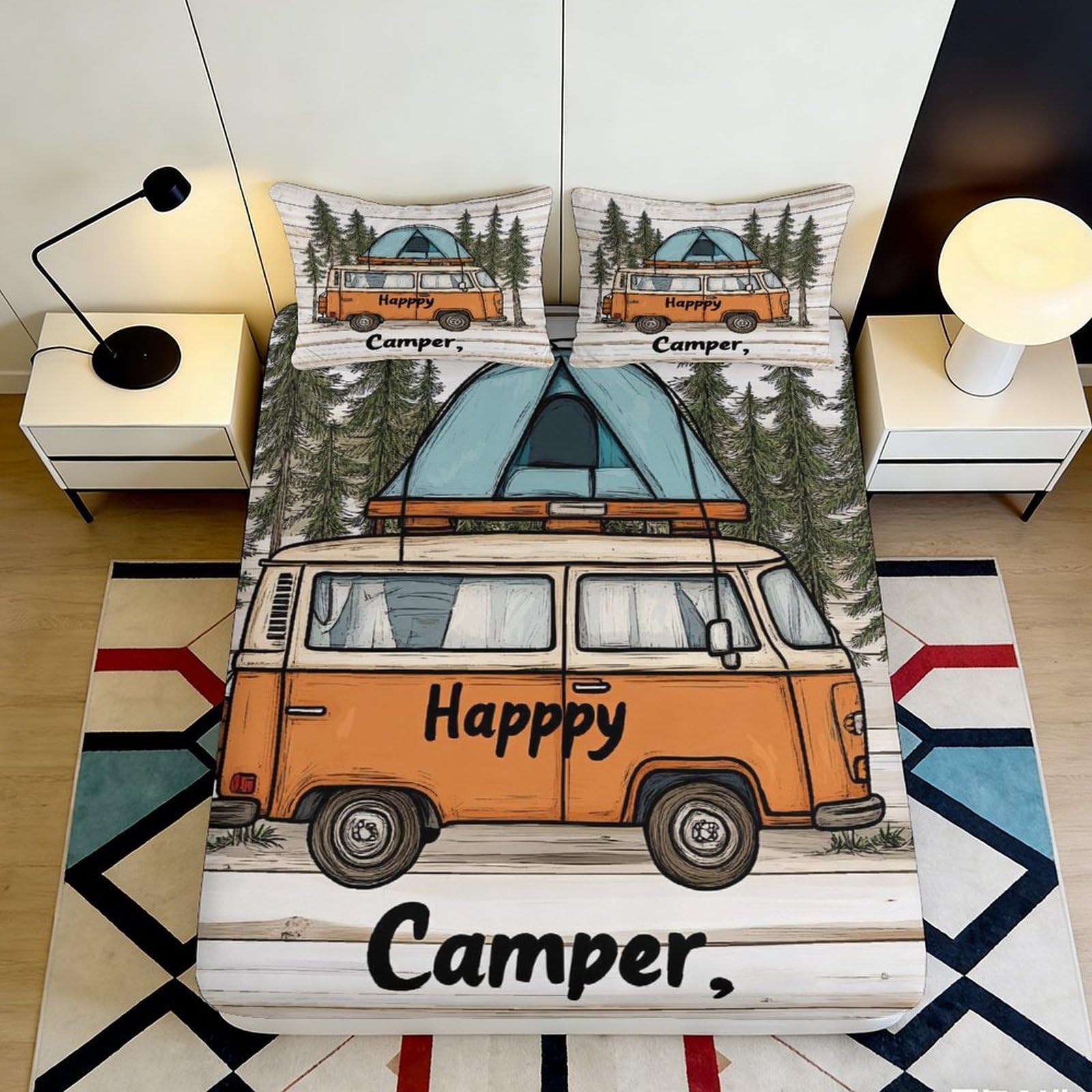 3D Printed Camper Van Forest Fitted Sheet Microfiber Anti-Slip Bed Cover for Bedroom Dorm Decorative Mattress Protector 140x200x25cm