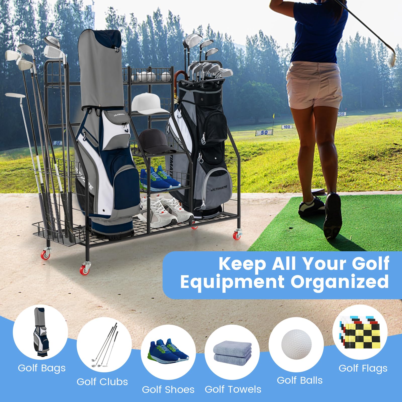 GYMAX Organiseur de Rangement pour Clubs de Golf avec 4 Roues Universelles, Rangement Clubs Golf en Métal pour Sac et Accessoires de Golf avec Étagères, 120,5x37,5x105 cm