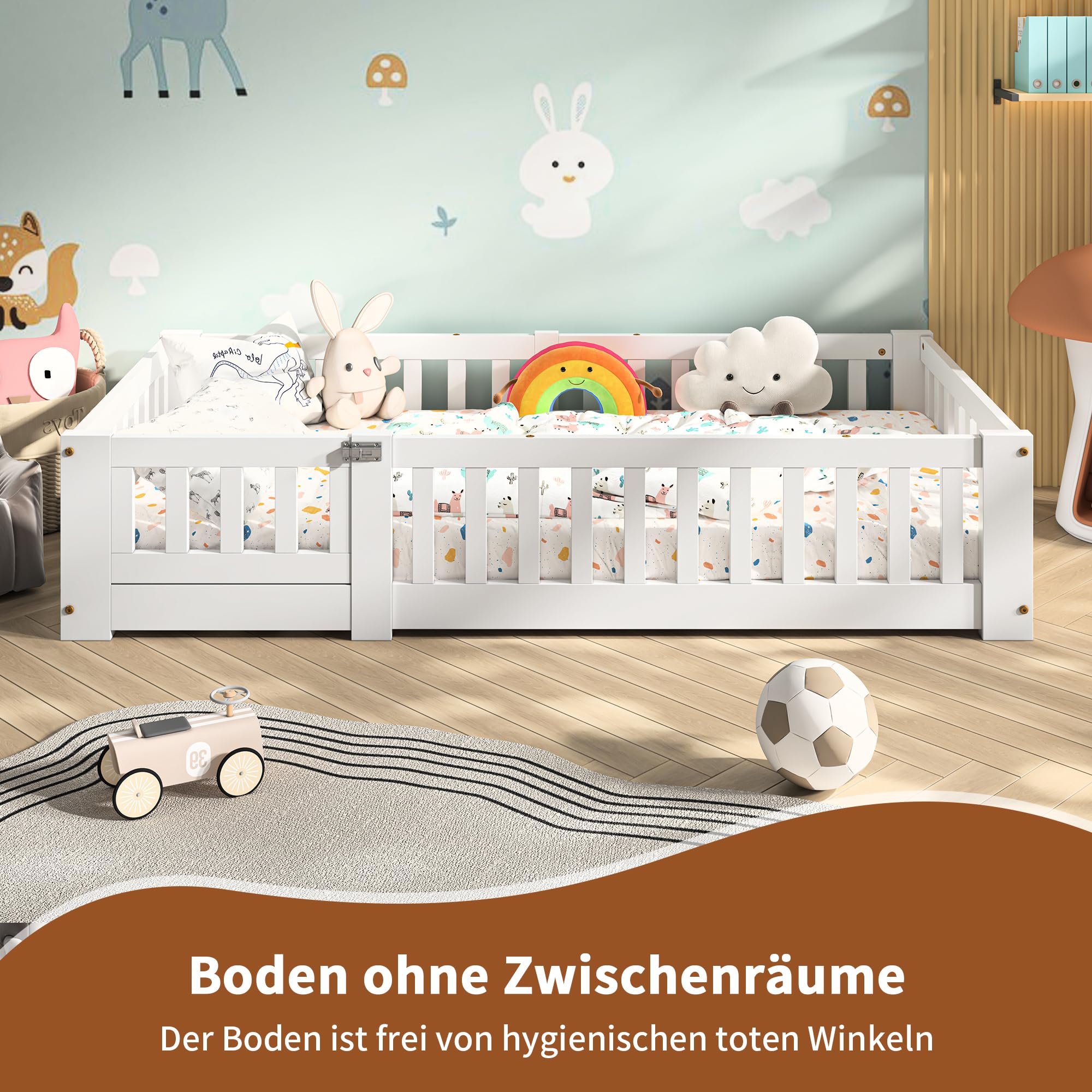 Cama de suelo para niños de 90 x 190 cm con valla y puerta, cama Montessori con protección anticaídas, cama juvenil individual con somier, cama infantil para niños y niñas, blanco (90 x 190 cm