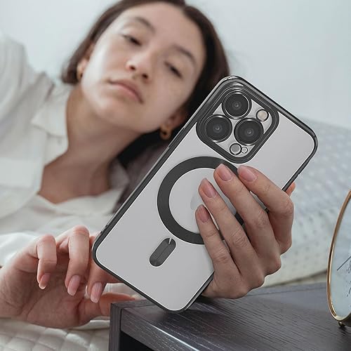Miniatura 6 de Funda magnética para iPhone 15 Pro, borde galvanizado, parte trasera transparente, delgada, a prueba de golpes, con protector de pantalla,