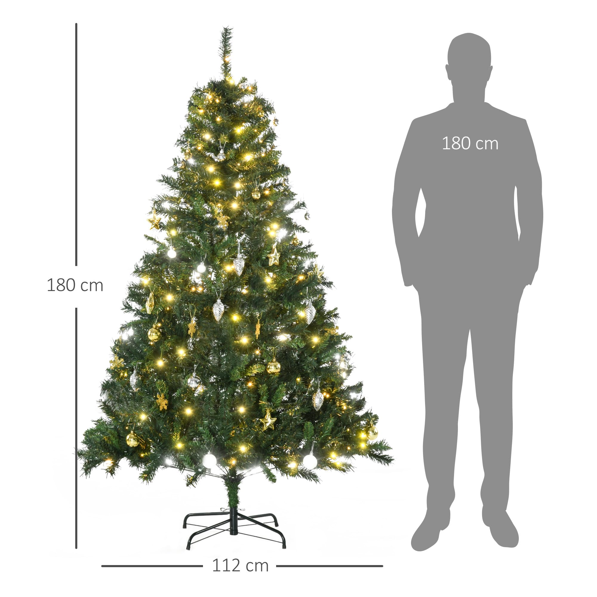 HOMCOM Árbol de Navidad con Luces LED Árbol Artificial Ø112x180 cm Verde | 180 cm, 745 Ramas, Bolas Adornos, Soporte de Metal