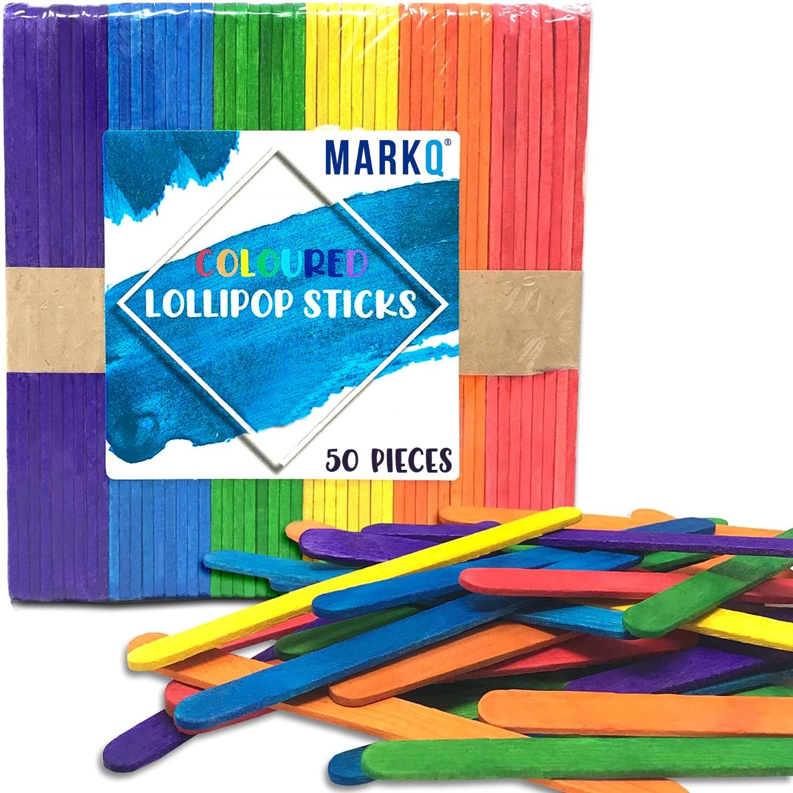 MARKQ Colored Popsicle Sticks 6 inches Wooden Craft Sticks for Ice Cream, Lollipop, Waxing, Resin Stirring, Kids Art Supplies (50 Pieces)