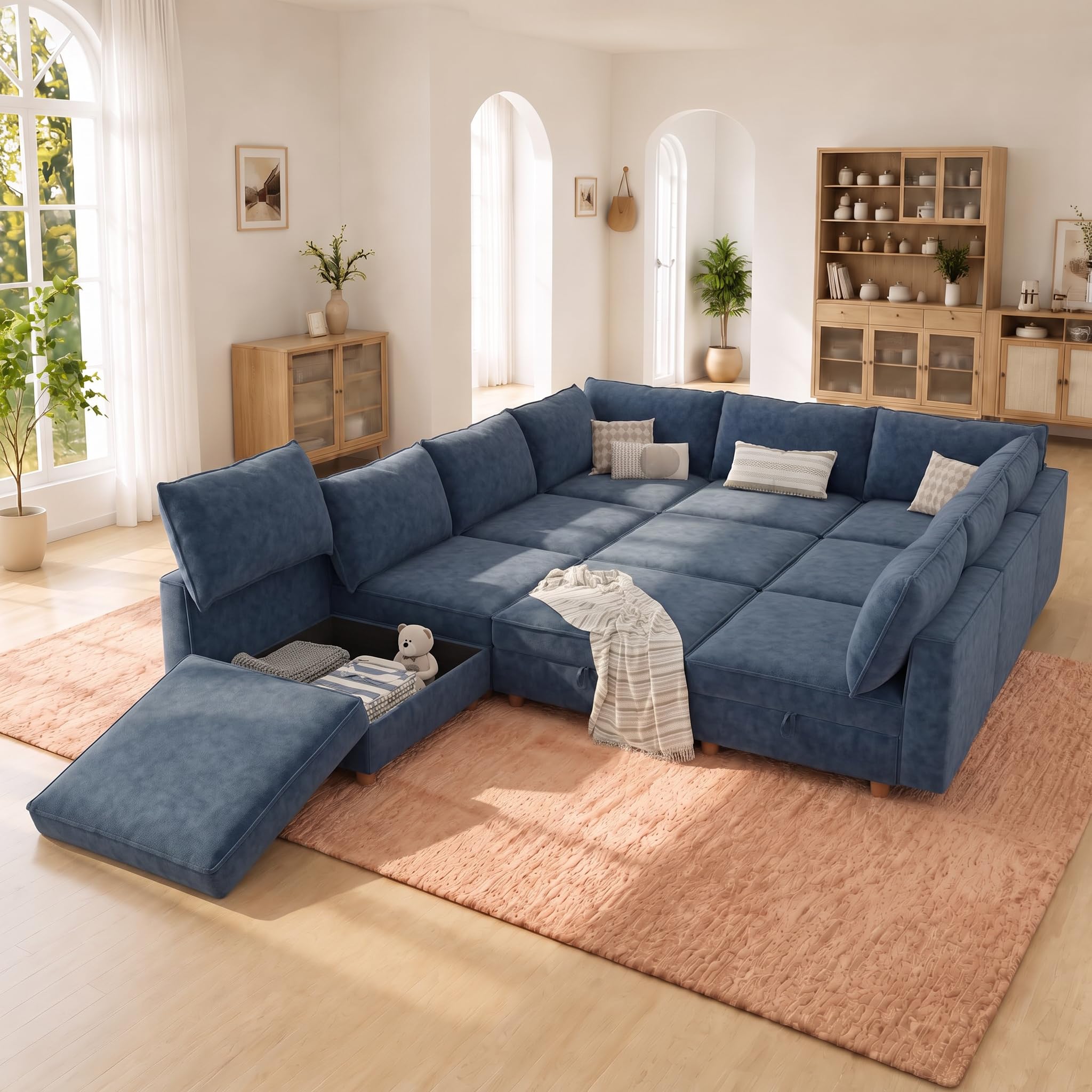 99" Chenille Modular Sofa Bed with Washable Covers &amp; Storage, 10-Seater Modular Sectional Sleeper Sofa Bed with Movable Ottoman Chaise, Convertible Sleeper Sectional Couches for Living Room, Blue