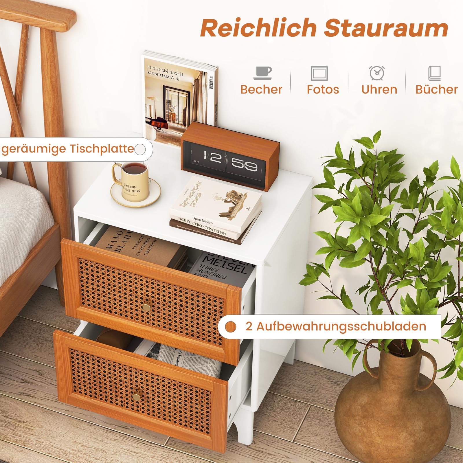 Rotan Nachtkastje Bohemian Nachtkastje met één Lade en Massief Houten Poten Houten Bijzettafel voor Slaapkamer Woonkamer - Costway