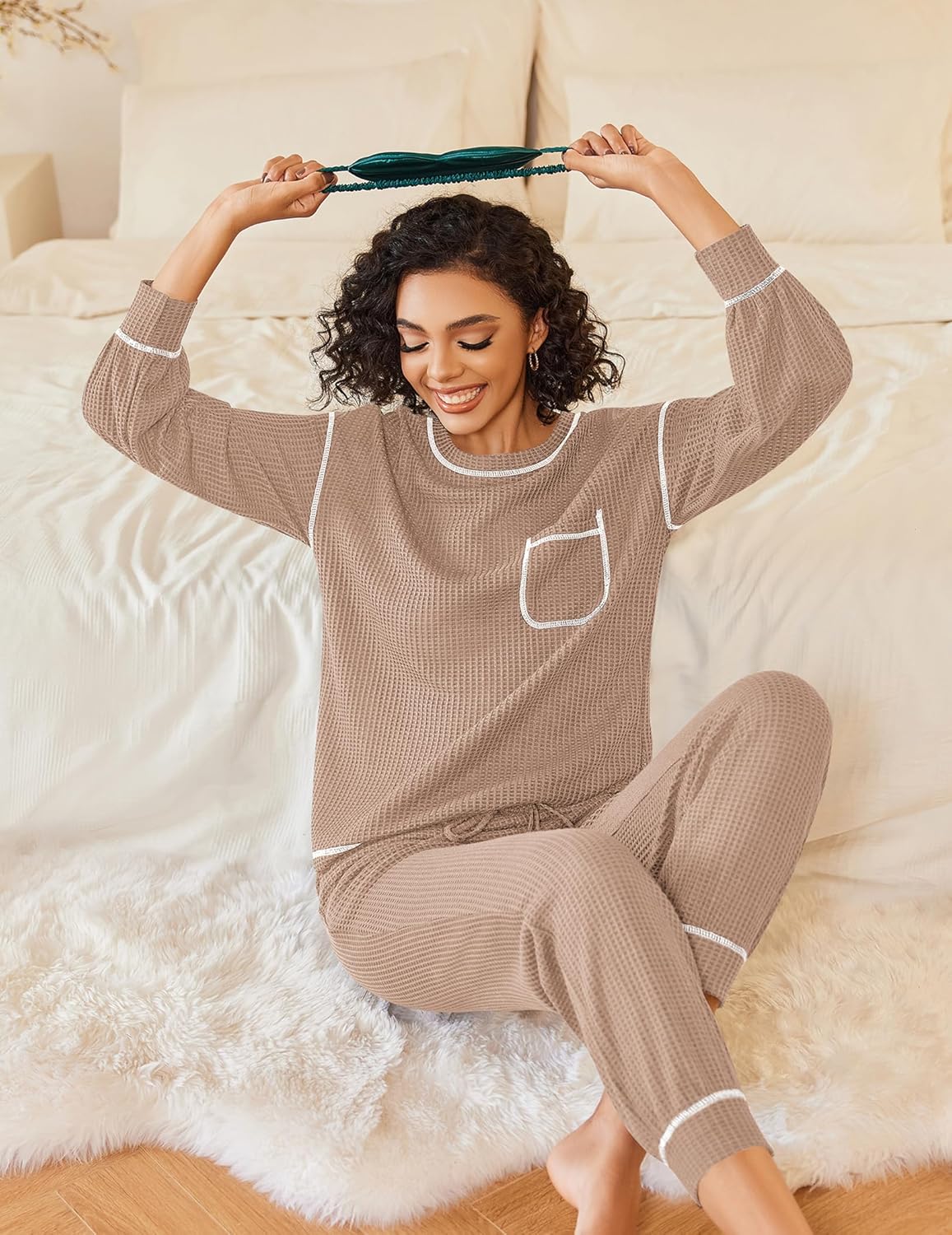 Ekouaer Womens Pajamas Set Waffle Knit Long Sleeve Lounge Set 2 Piece Pj Loungewear Sleepwear S-XXL - Image 3