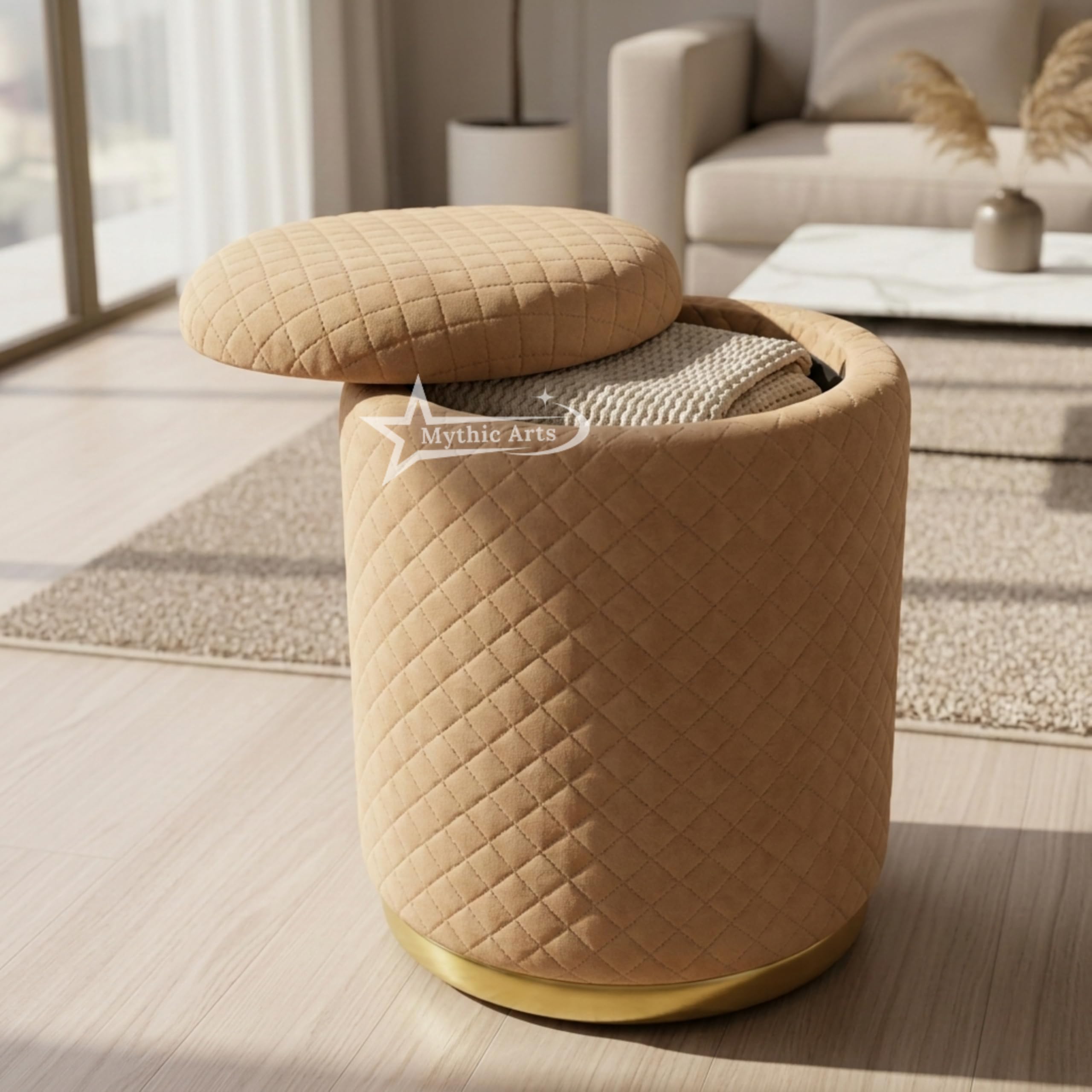 Mythic Arts Premium Round Storage Ottoman Stool 13 X 13X 16 inch, with Gold Metal Base | Luxury Pouffe with Hidden Storage | Cushioned Footrest for Living Room, Bedroom & Lounge Coffee