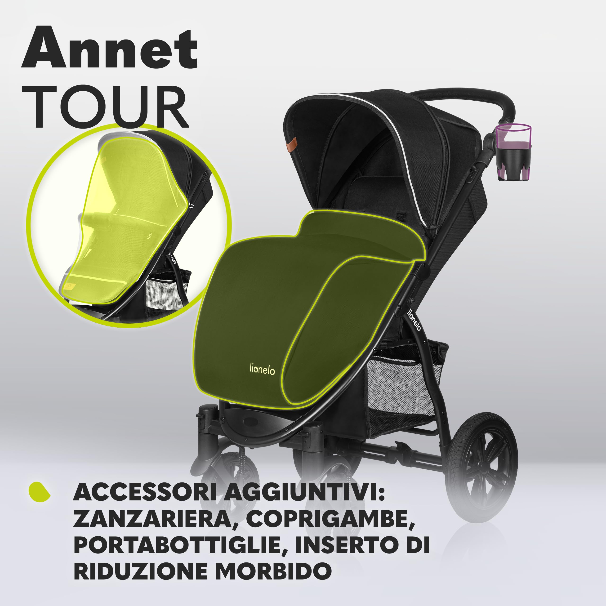 LIONELO Annet Tour Passeggino Compatto Pieghevole fino a 22 kg | Dalla Nascita, Posizione Sdraiata, Cinture a 5 Punti, Grandi Ruote Ammortizzate e Cappottina XXL