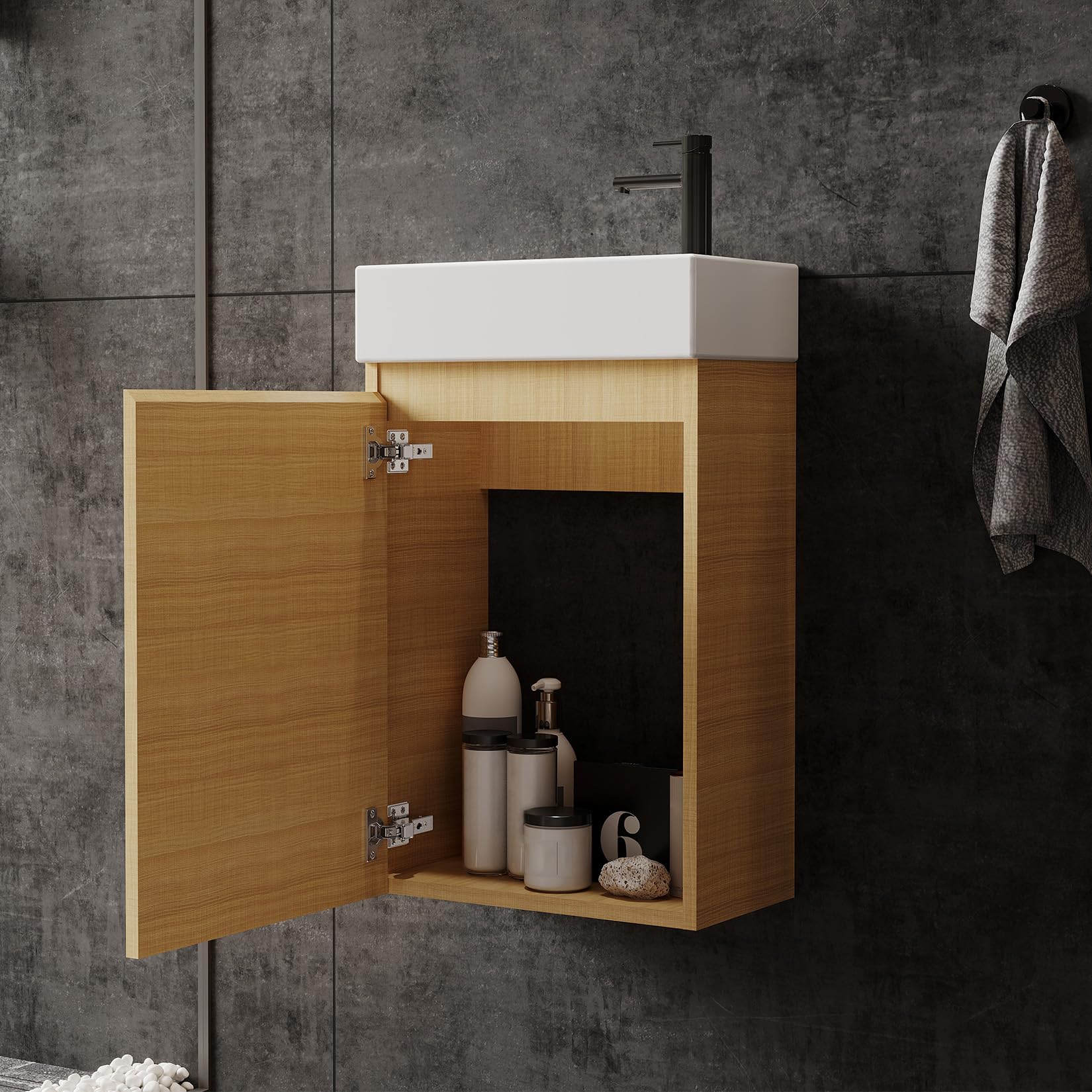 Szafka pod umywalkę 40 cm dąb, wisząca na ścianie z umywalką ceramiczną, 1