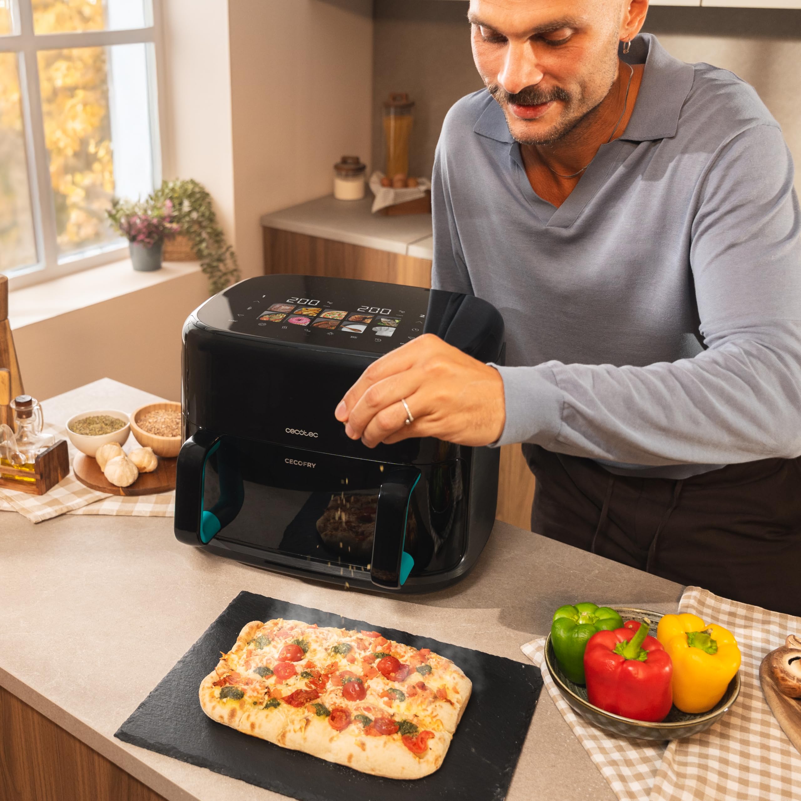 Cecotec Friggitrice ad Aria 10L - Air Fryer Cecofry&Grill Smokin'Prime 11000. 2800W, 3in1: Friggitrice, Grill, Piastra. Affumicatore integrato, Parete divisoria, Temp 40-200°C, Cottura uniforme