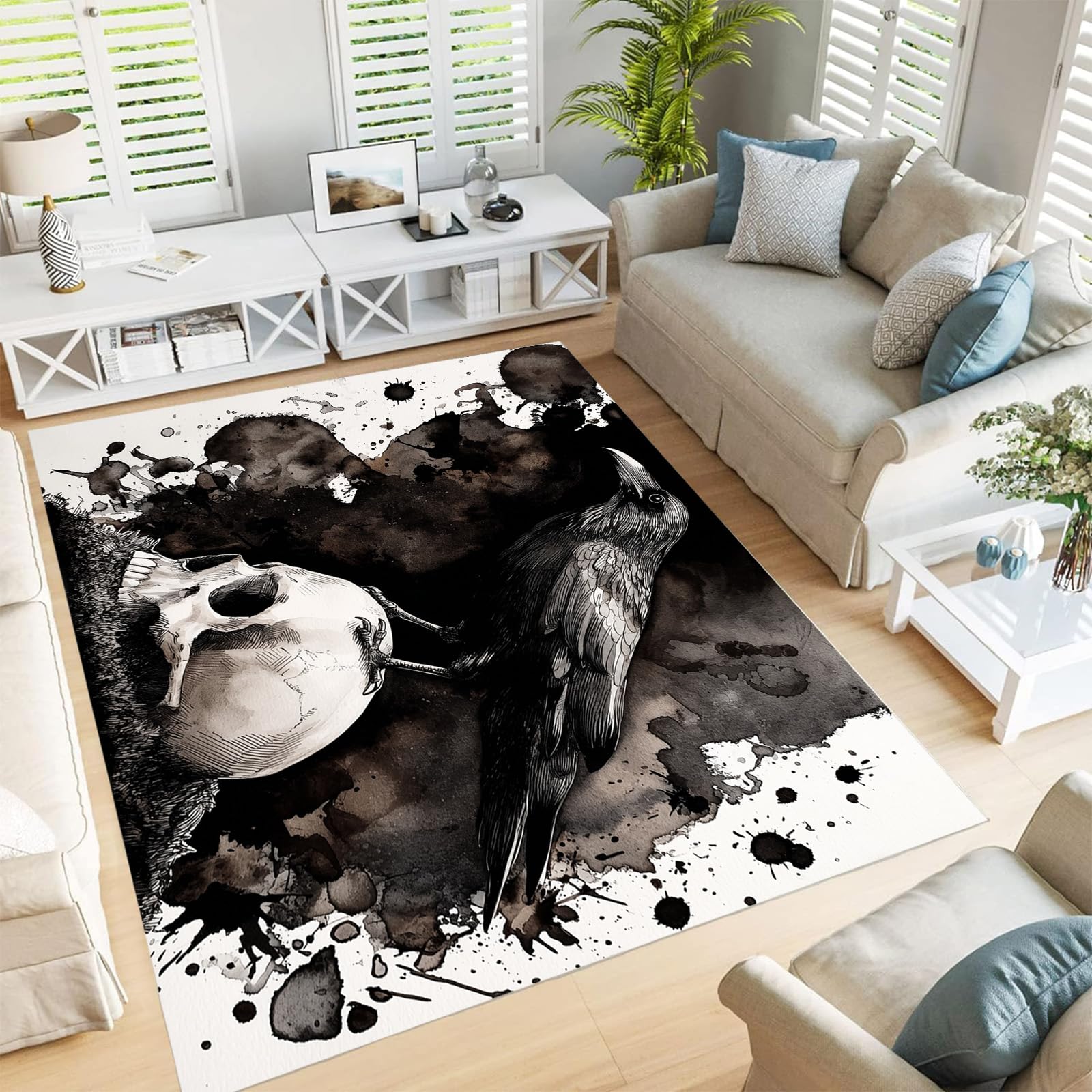 Tapis extérieur crâne et corbeau 120x180cm noir lavable pour terrasse salon et cuisine