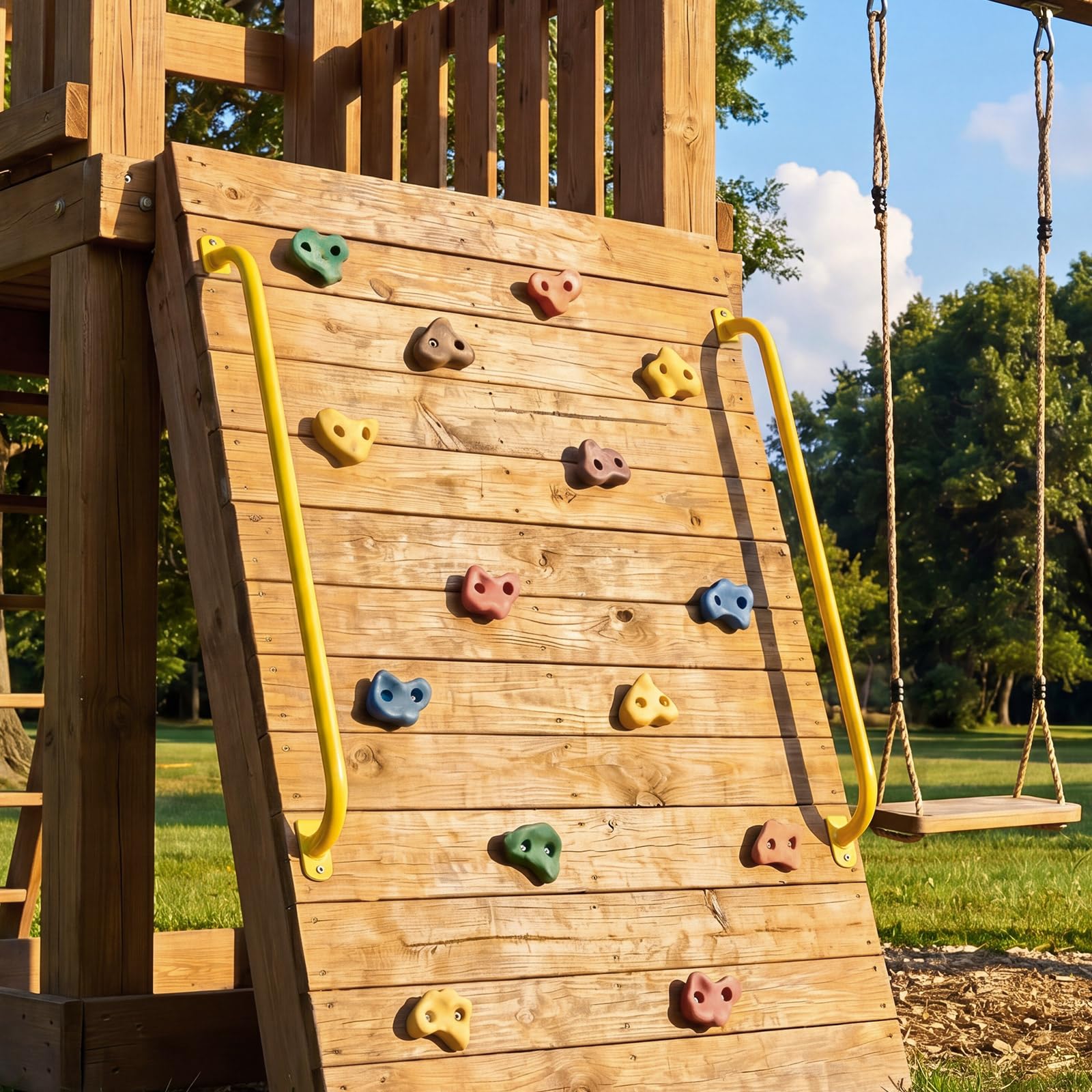 Lounsweer Accesorios para parque infantil, asas de seguridad de metal, mango de escalera para casa de juegos, barras de agarre largas para casa de árbol, escalada en roca, parque infantil (2, amarillo