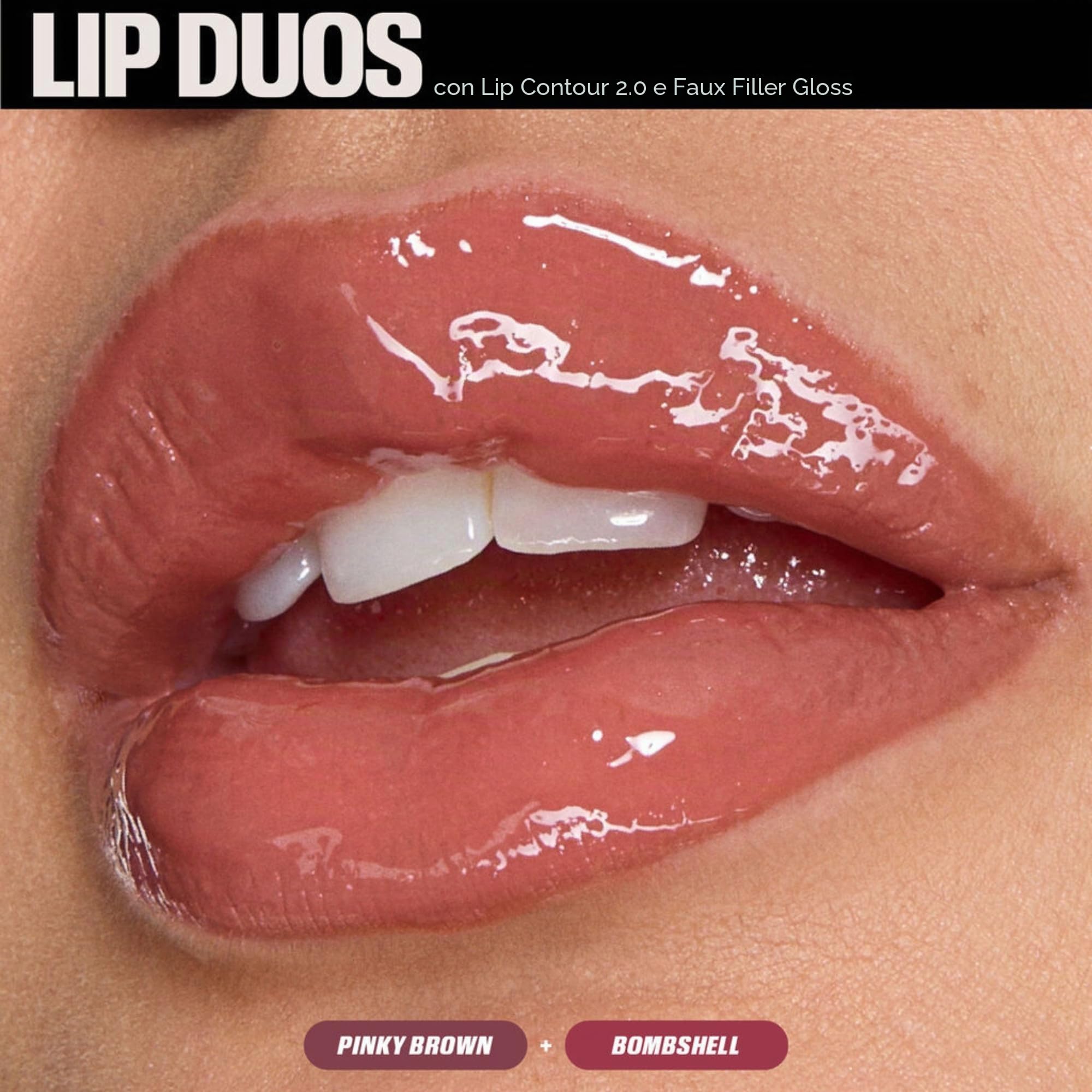 HUDA BEAUTY ORIGINAL | Juicy Bombshell LiP DUO Kit - Astuccio per trucco labbra | 1 rossetto Contour 2.0 - Bombshell Pinky Brown (0,3 g) + 1 FAUX FILLER (1,9 ml) | by BELLA