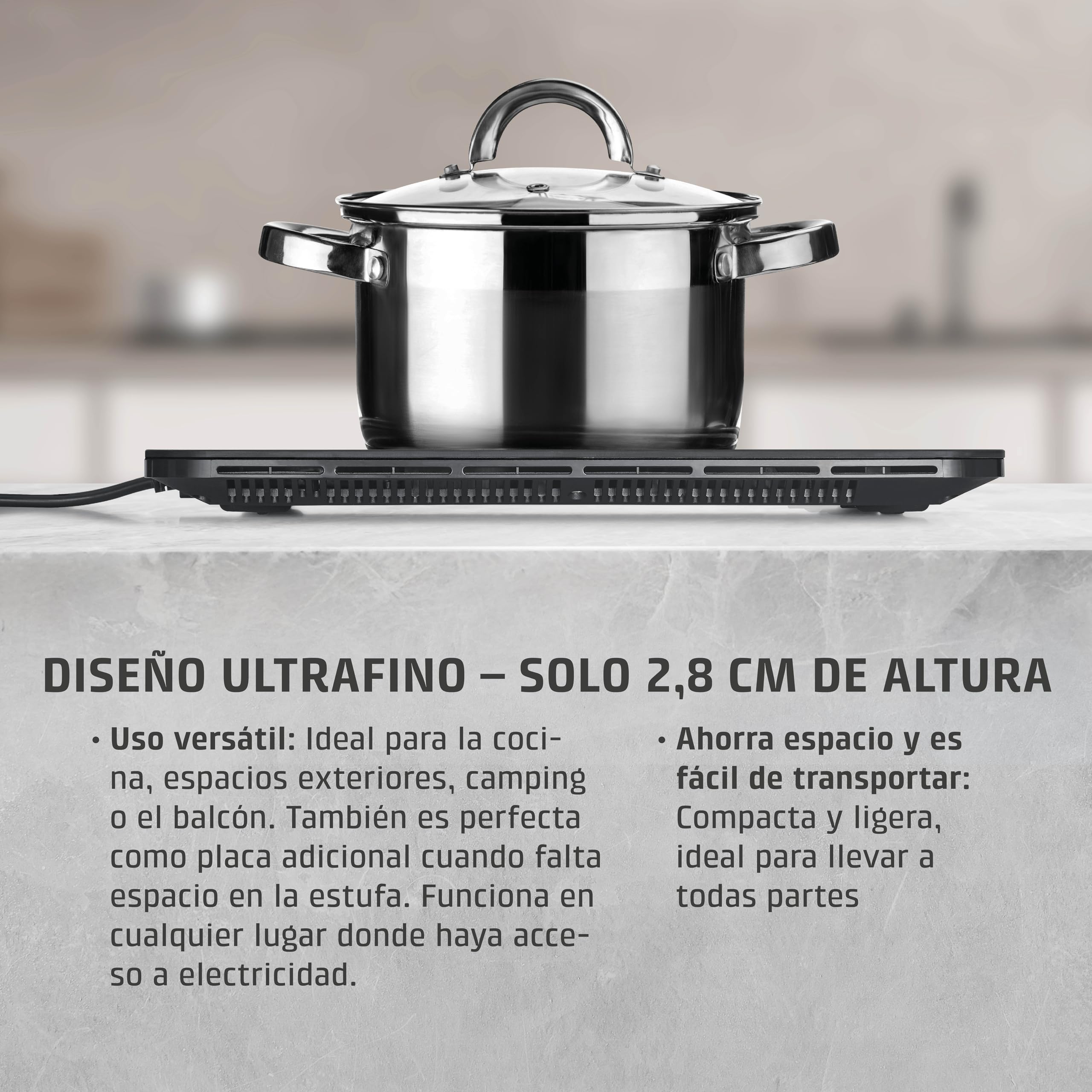 CASO ProSlim 2000 - Placa de Inducción portátil con 10 niveles, Control Táctil, Cocina para camper, viajes y campings, Detector de Sartenes,Control Seguridad niños, 39x29x3 cm, 2,3kg - negra