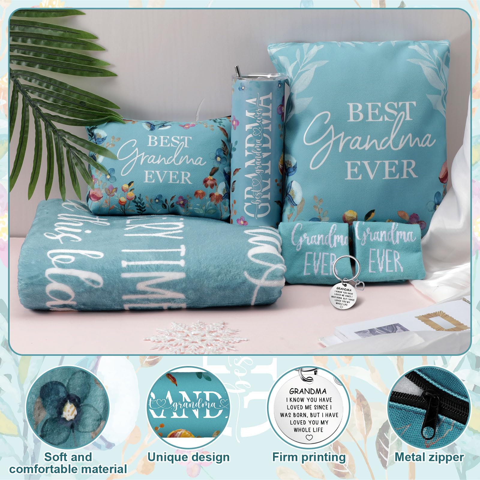 Geiserailie Geschenk-Set für Großmutter, 6-teilig, Motiv: Oma, lebhafte Blüte, Flanell-Überwurf, Decke, Trinkbecher, Socken, Tragetasche, Geburtstagsgeschenk-Set für Oma von Enkelkindern, Enkelkindern
