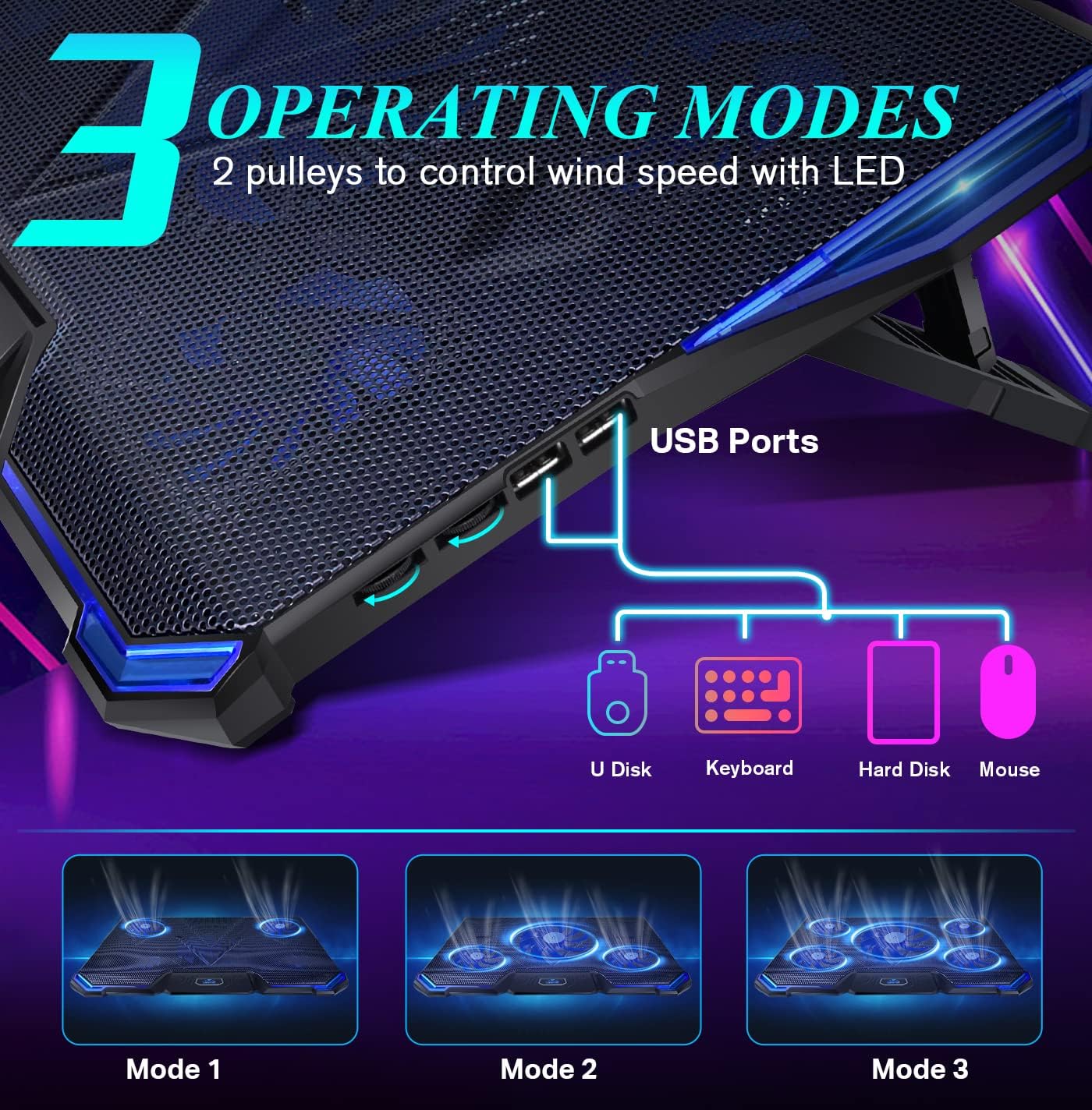 Wsky Laptop Cooling Pad - Adjustable Quiet Laptop Cooler- USB Notebook Laptop Fan Cooling Pad for 12 -16 inch Gaming Laptop