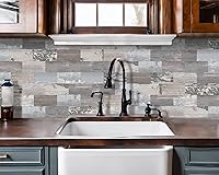 Vista 3 de DEWOO 20 hojas de azulejos de pared autoadhesivos estilo rustico para despegar y pegar para cocina estilo granja, aspecto de madera sintética